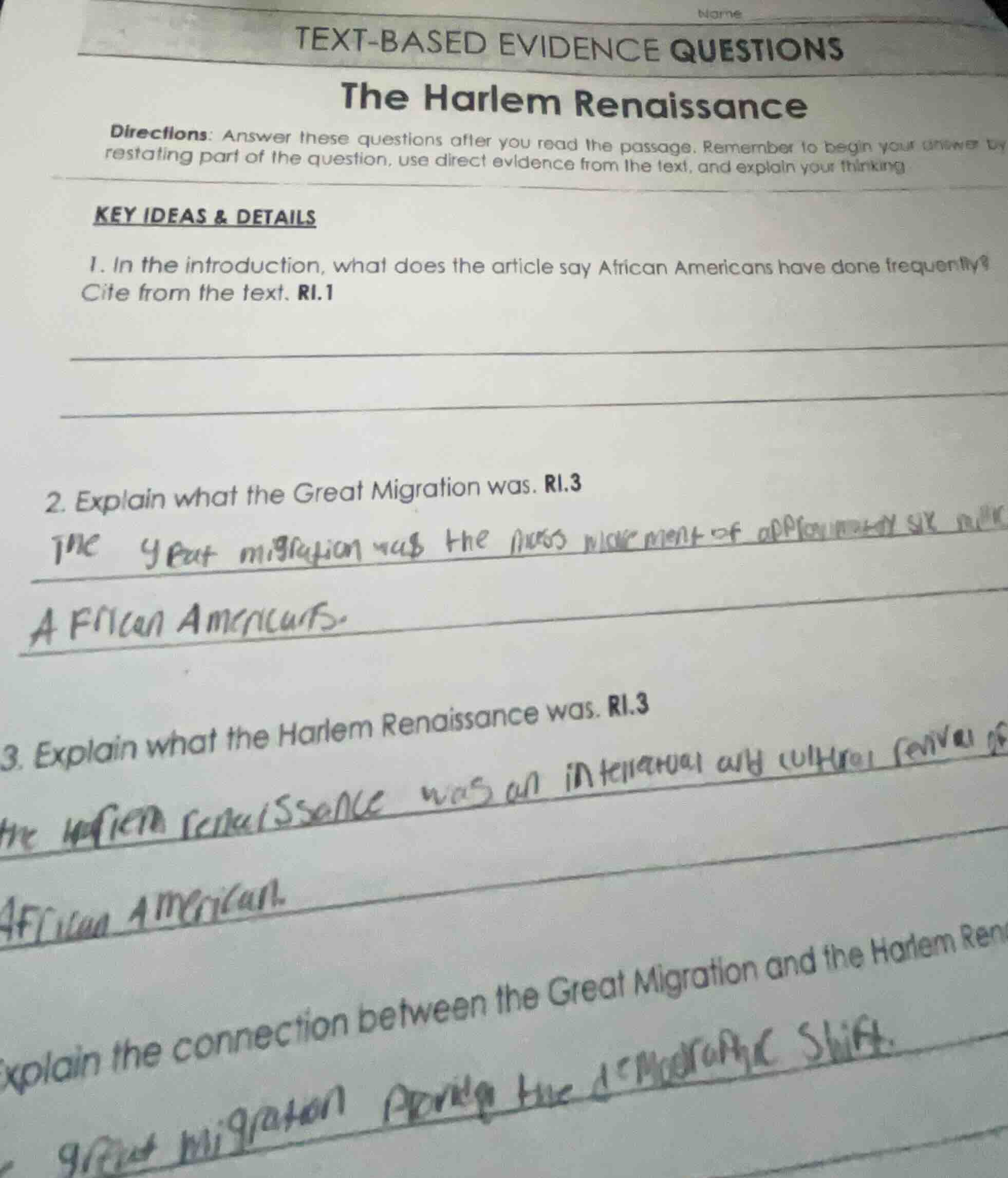 text-based evidence questions the harlem renaissance directions: answer…