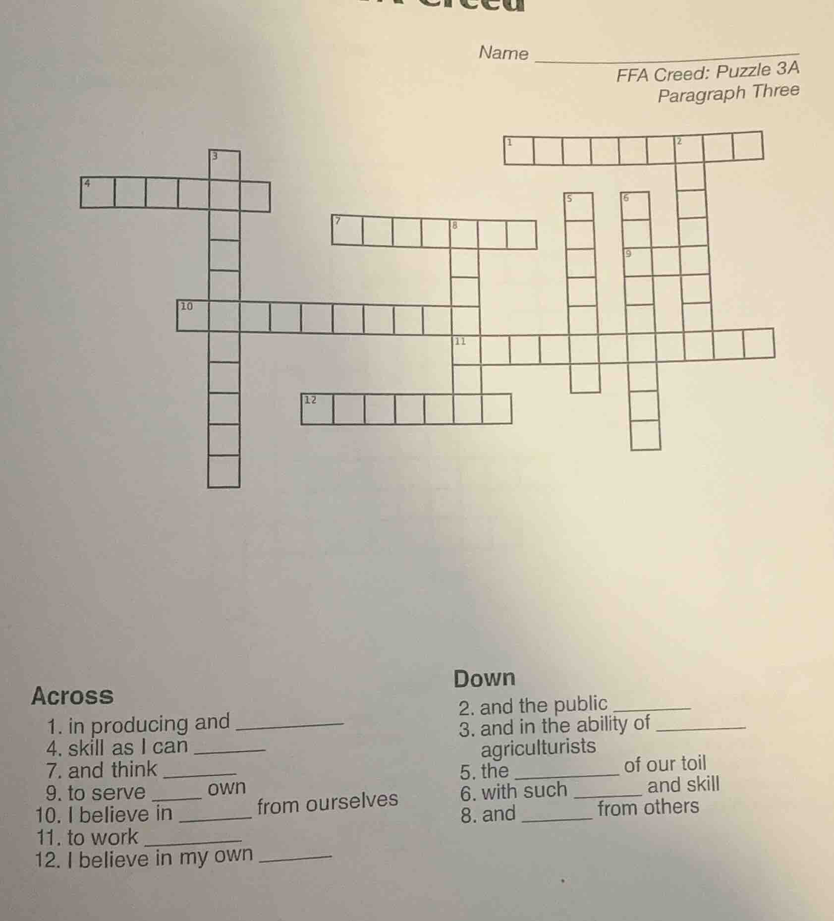 name ffa creed: puzzle 3a paragraph three across 1. in producing and 4.…