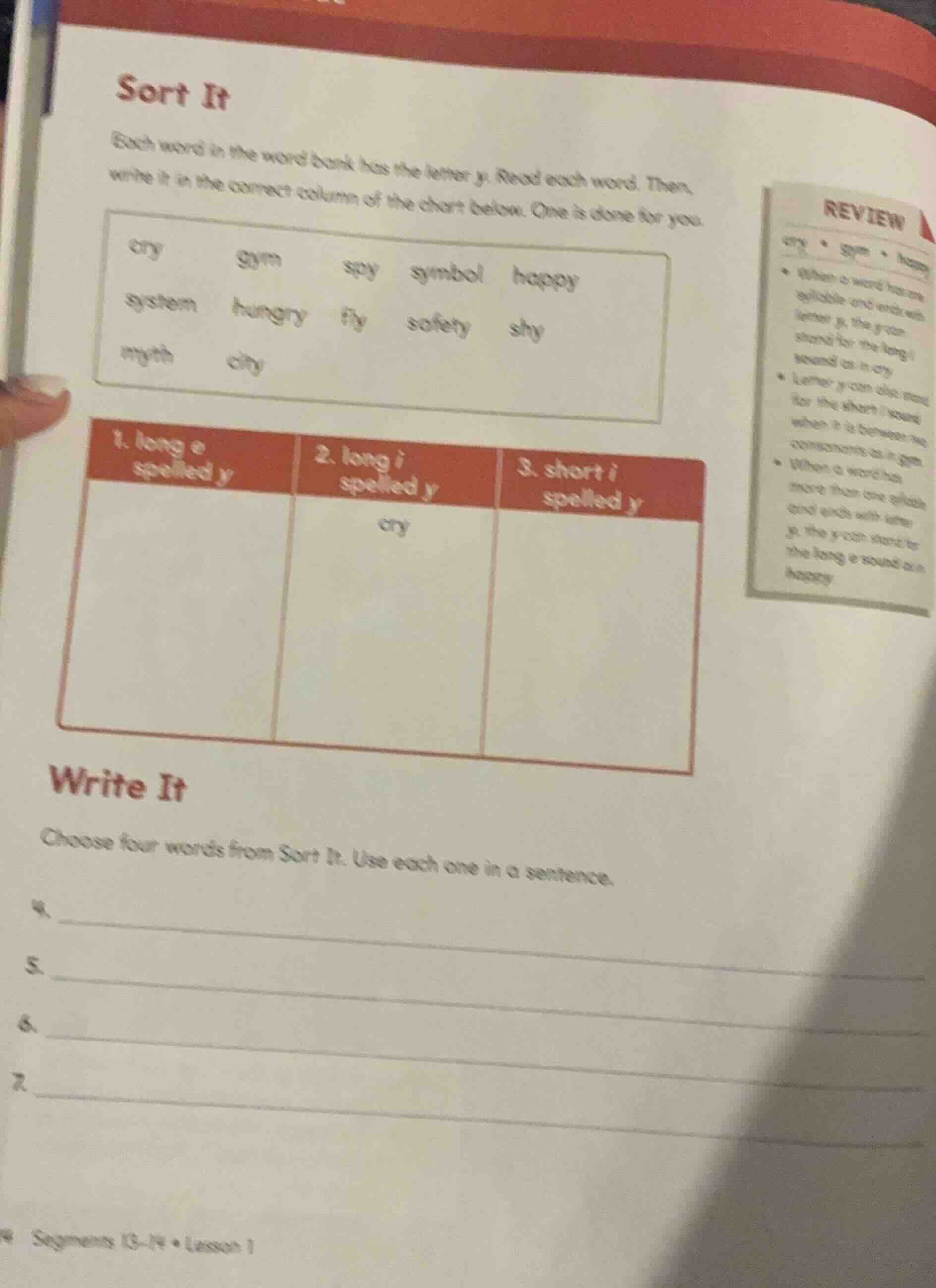 sort it each word in the word bank has the letter y. read each word. th…