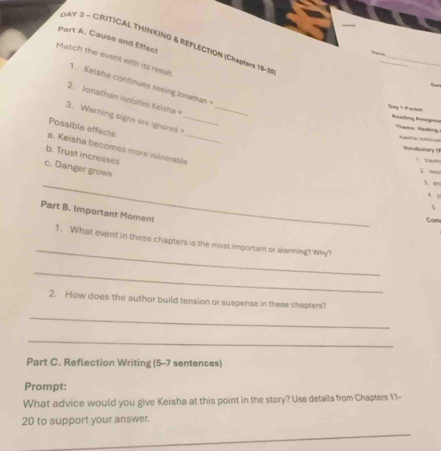 day 3 - critical thinking & reflection (chapters 18 - 20) part a. cause…