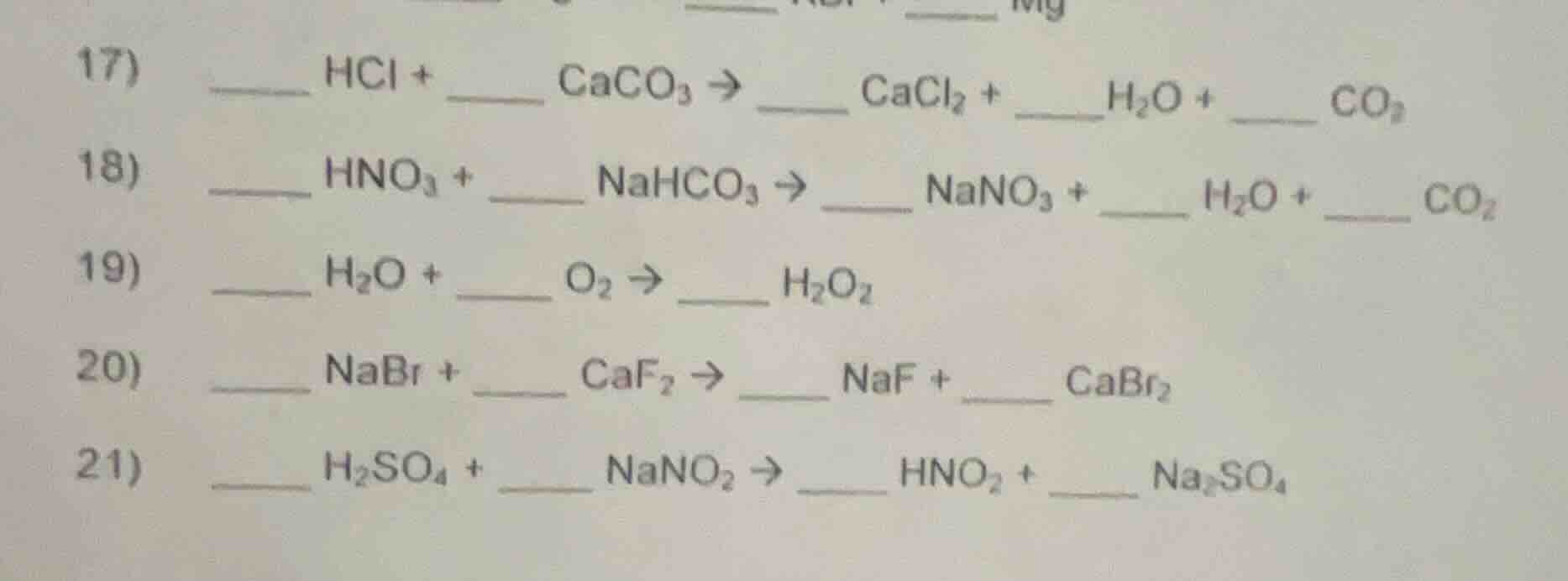 17) ______ hcl + ______ caco₃ → ______ cacl₂ + ______h₂o + ______ co₂ 1…