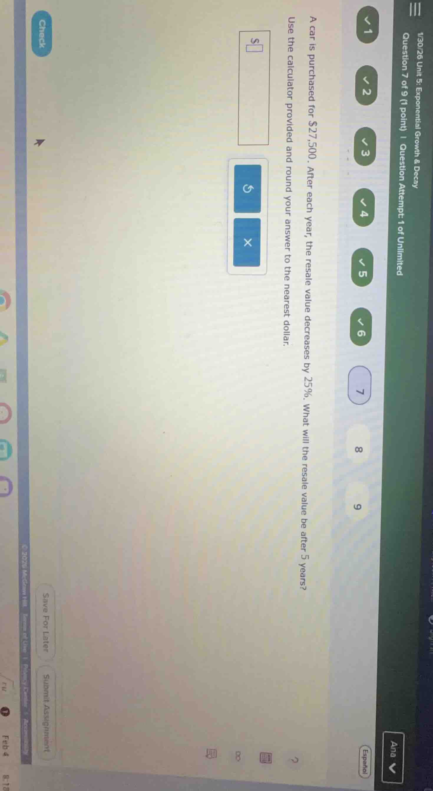 a car is purchased for $27,500. after each year, the resale value decre…