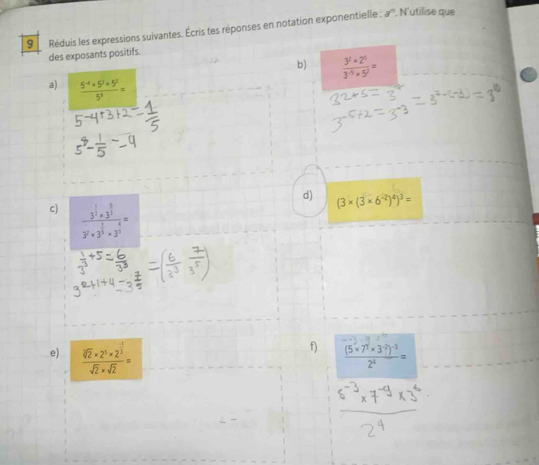 9 réduis les expressions suivantes. écris tes réponses en notation expo…