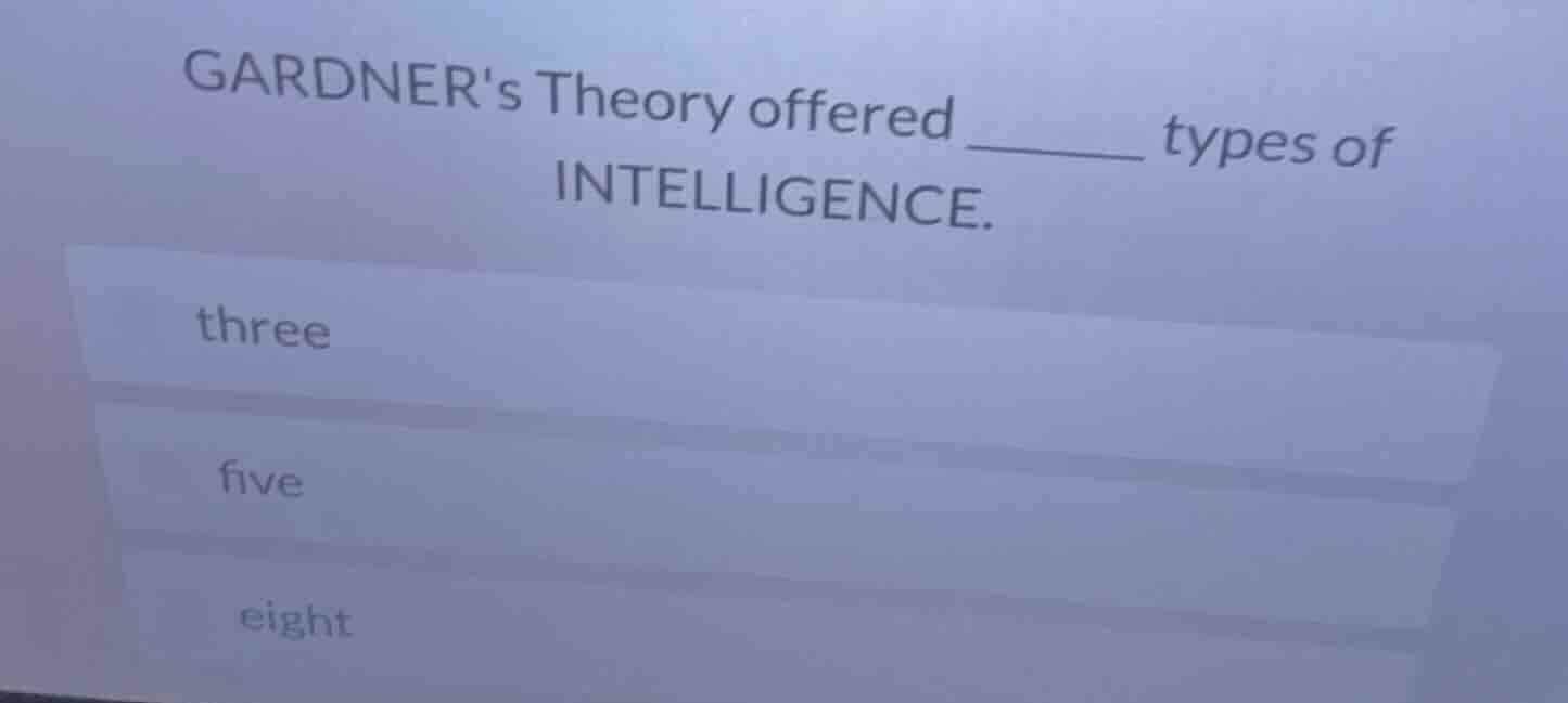 gardners theory offered ______ types of intelligence. three five eight