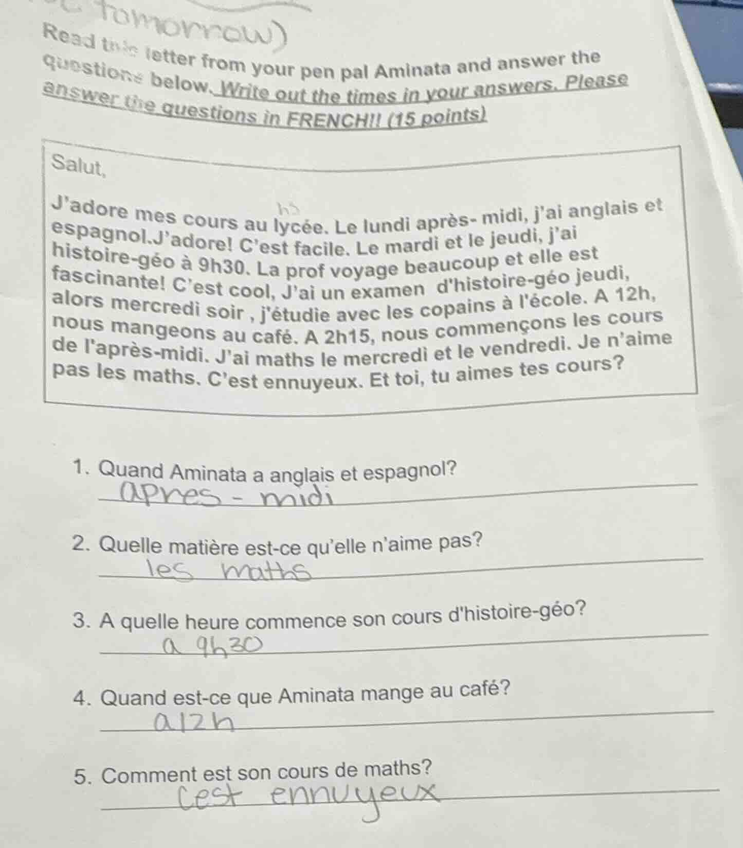 read this letter from your pen pal aminata and answer the questions bel…
