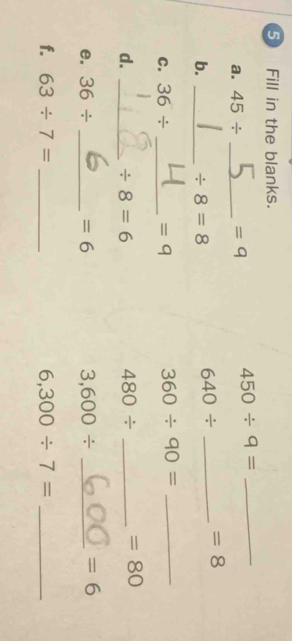 fill in the blanks. a. $45\\div\\underline{\\ \\ \\ \\ \\ \\ } = 9$\\qu…