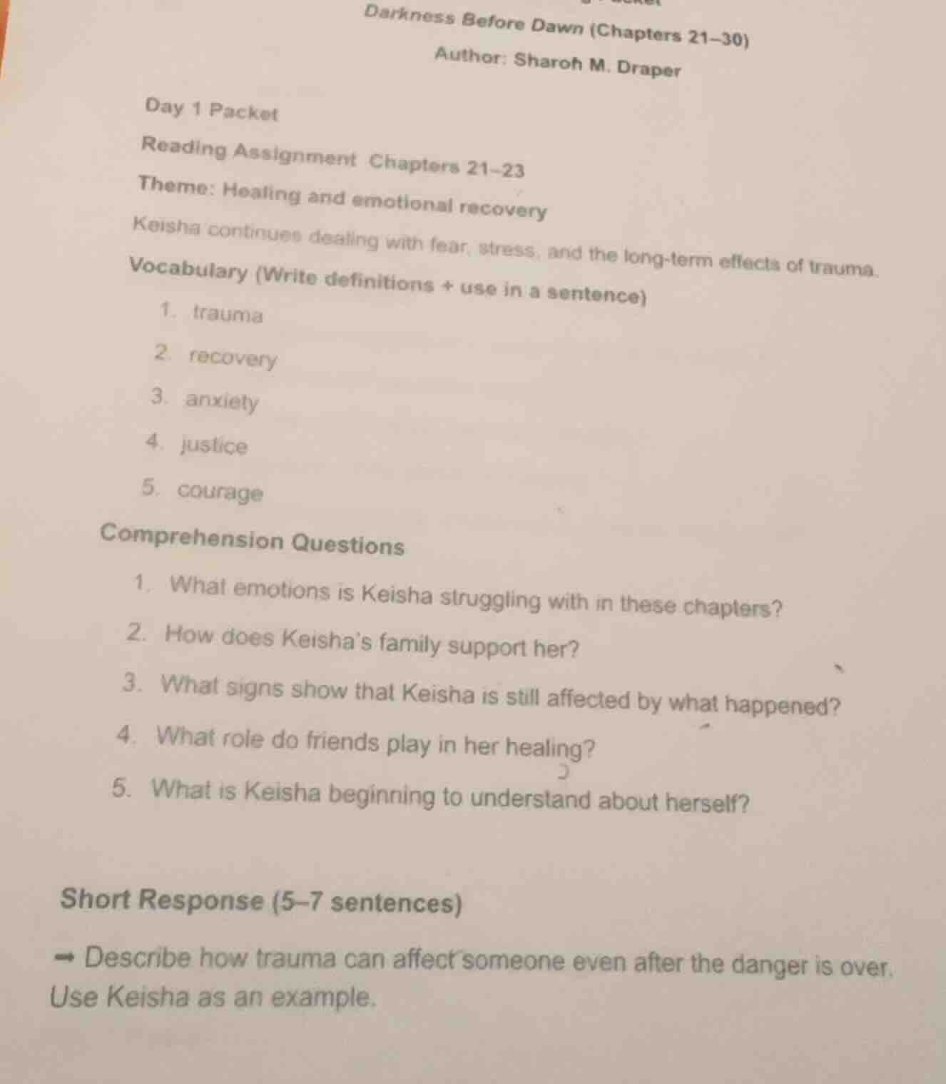 darkness before dawn (chapters 21-30) author: sharon m. draper day 1 pa…