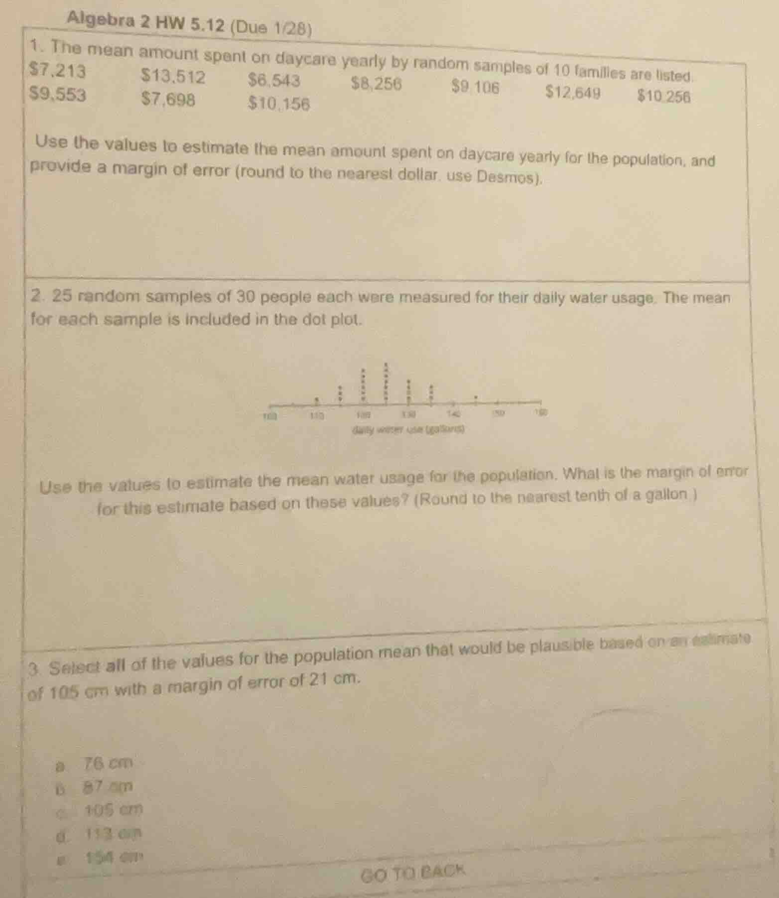 algebra 2 hw 5.12 (due 1/28) 1. the mean amount spent on daycare yearly…