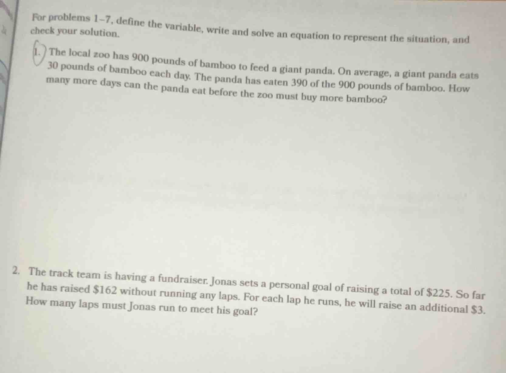 for problems 1–7, define the variable, write and solve an equation to r…