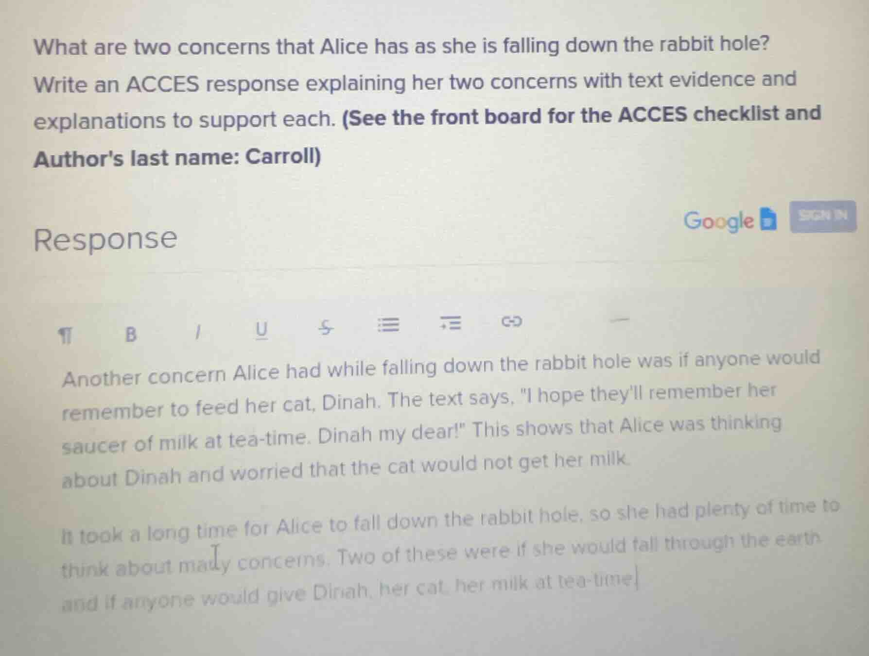 what are two concerns that alice has as she is falling down the rabbit …