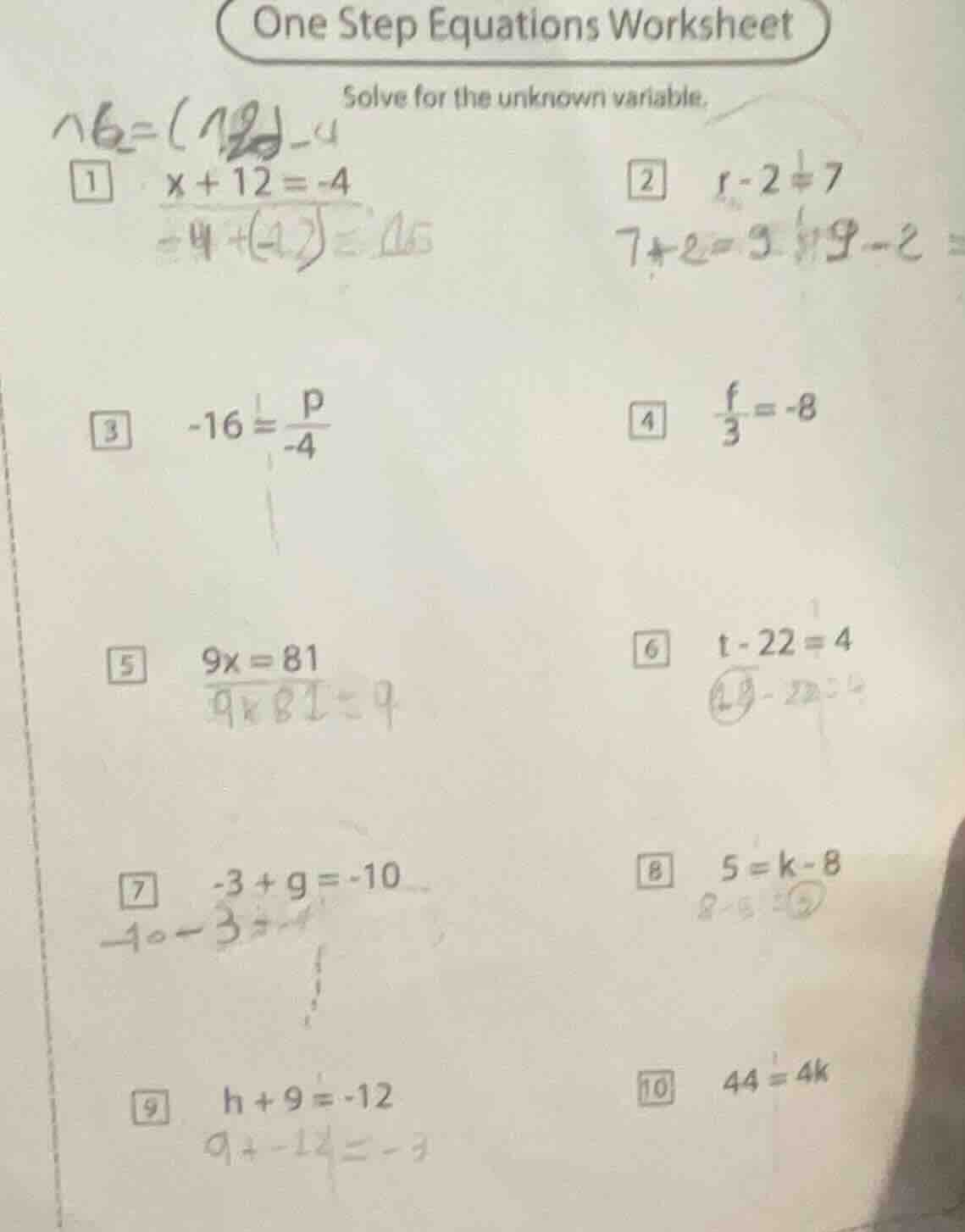 one step equations worksheet solve for the unknown variable. 1 ( x + 12…
