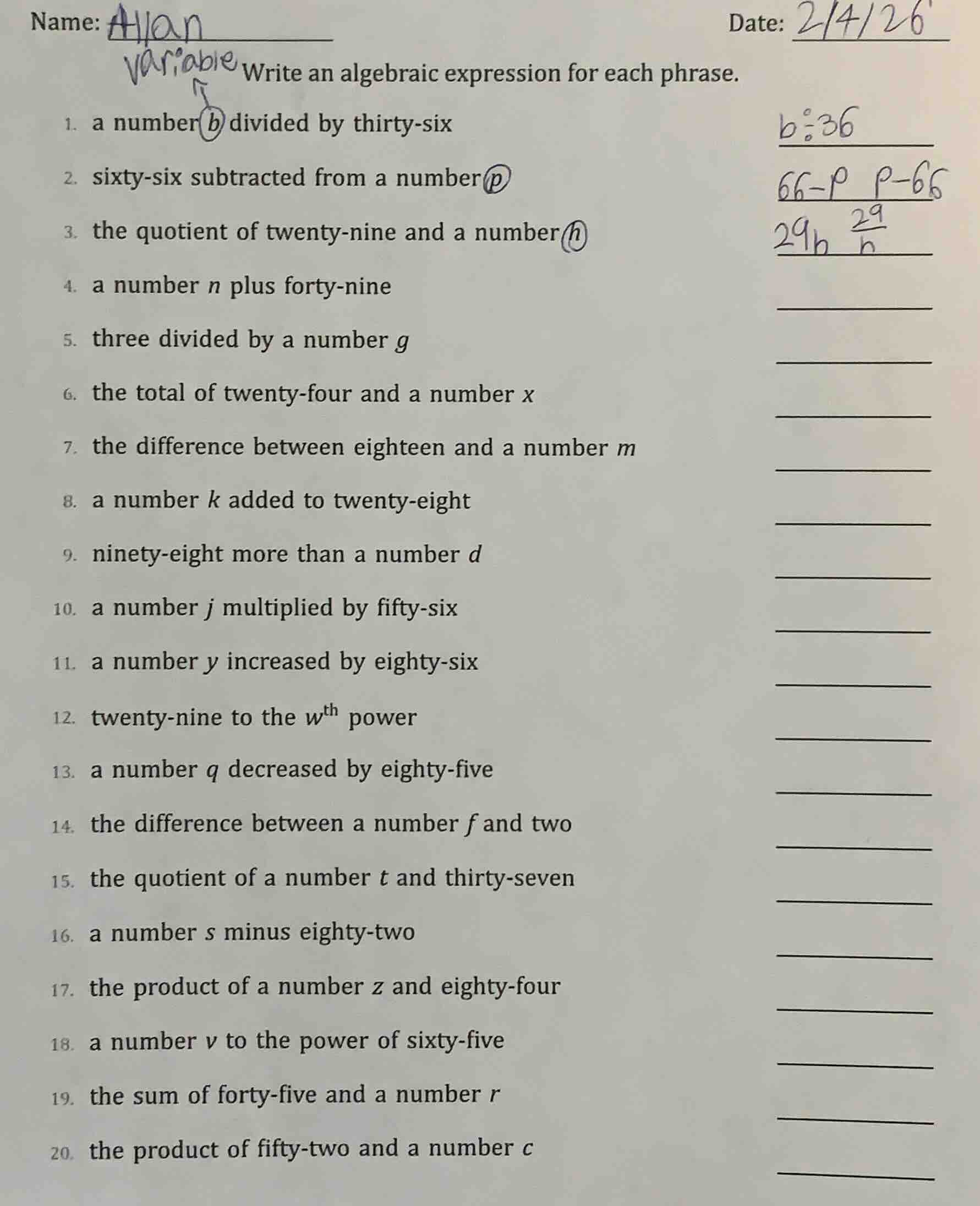 name: allan date: 2/4/26 write an algebraic expression for each phrase.…