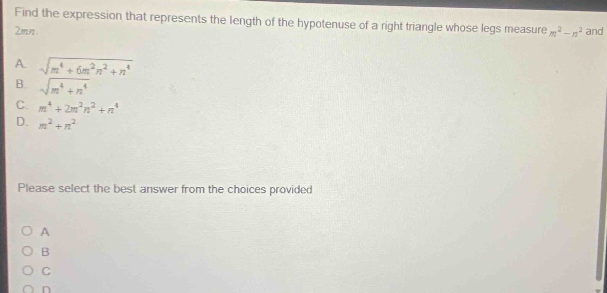 find the expression that represents the length of the hypotenuse of a r…