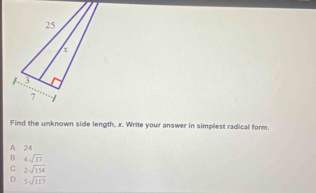 find the unknown side length, x. write your answer in simplest radical …