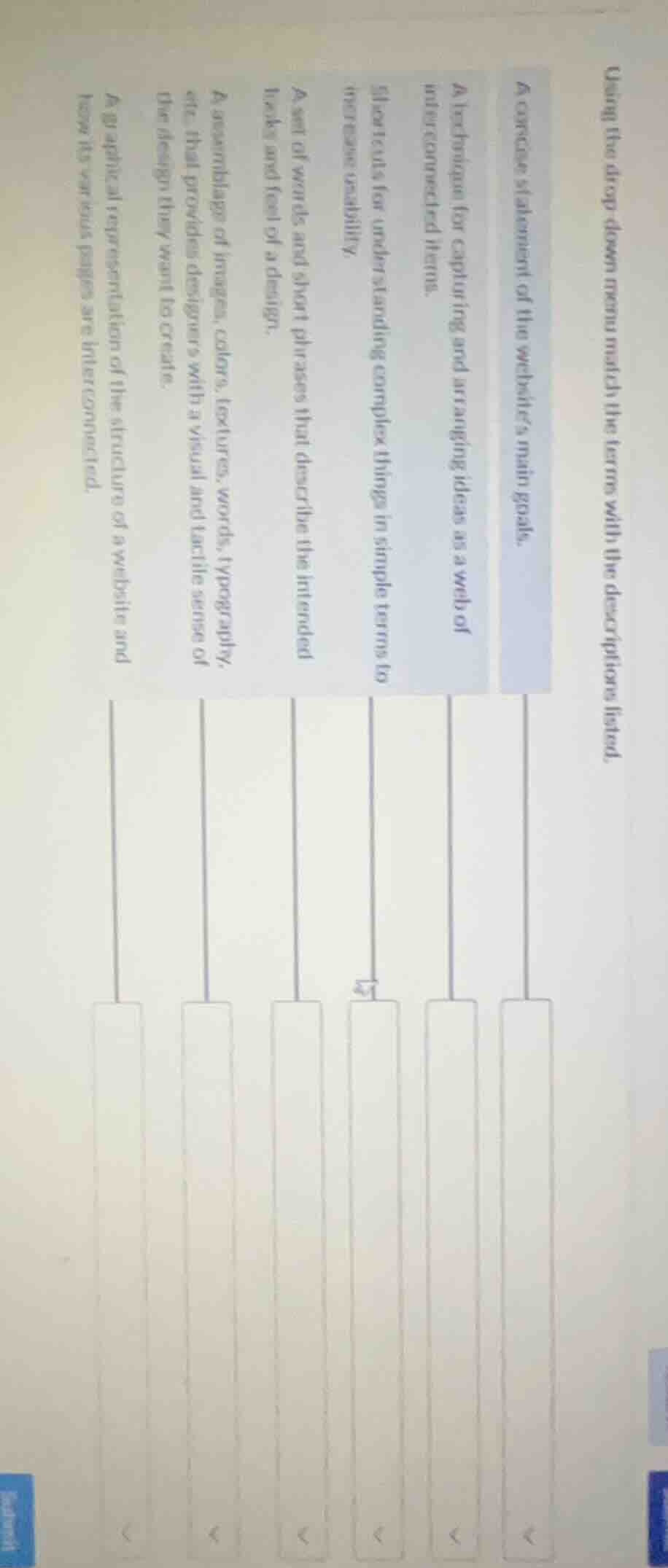 using the drop down menu match the terms with the descriptions listed. …