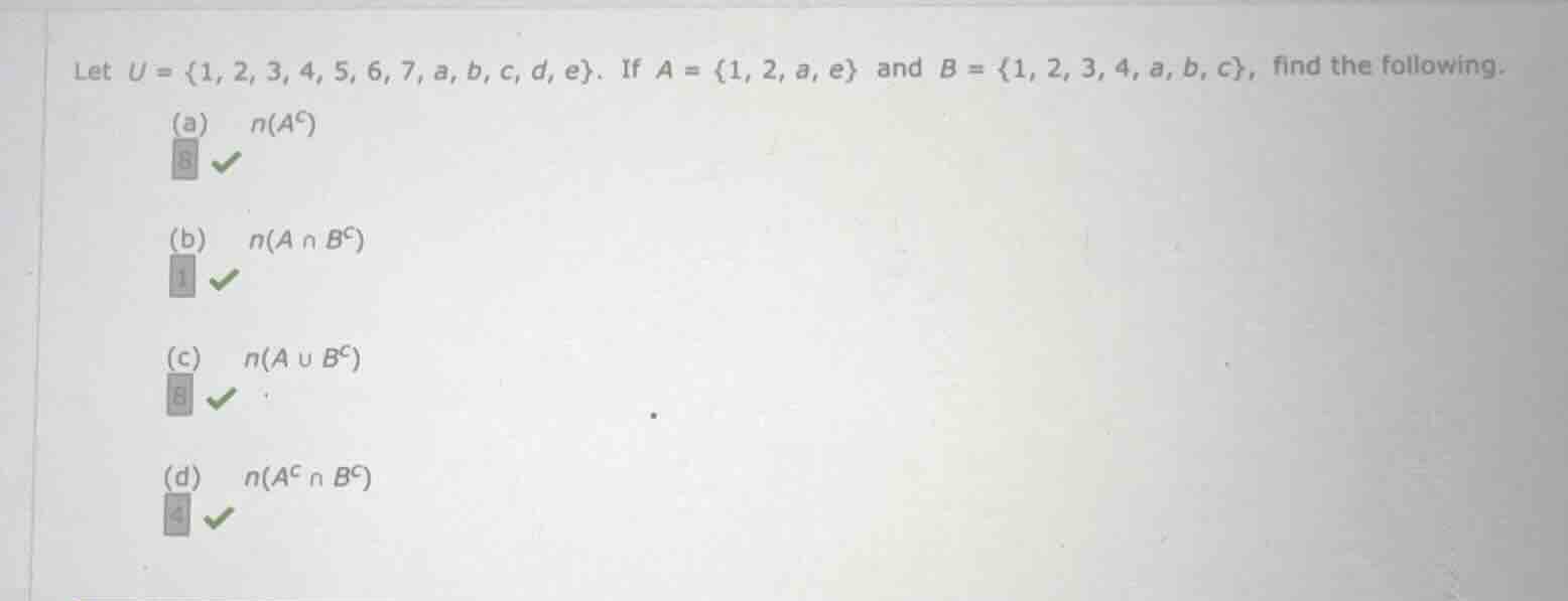 let ( u = {1, 2, 3, 4, 5, 6, 7, a, b, c, d, e} ). if ( a = {1, 2, a, e}…