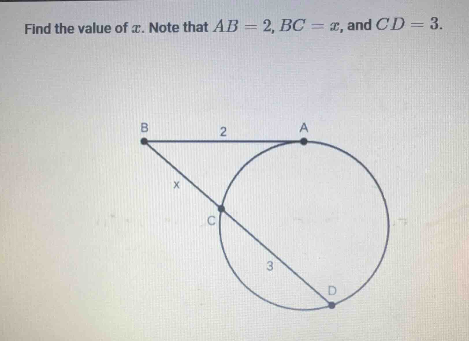 find the value of ( x ). note that ( ab = 2 ), ( bc = x ), and ( cd = 3…