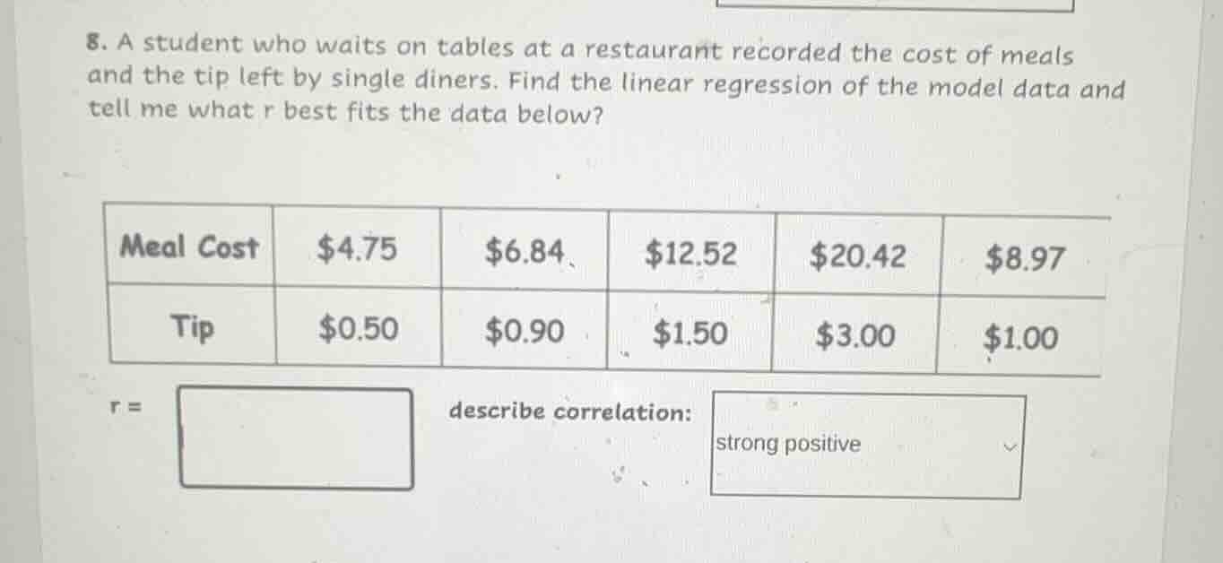 8. a student who waits on tables at a restaurant recorded the cost of m…