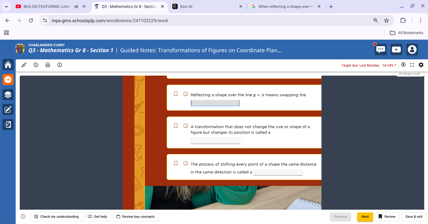 reflecting a shape over the line $y = x$ means swapping the \\underline…