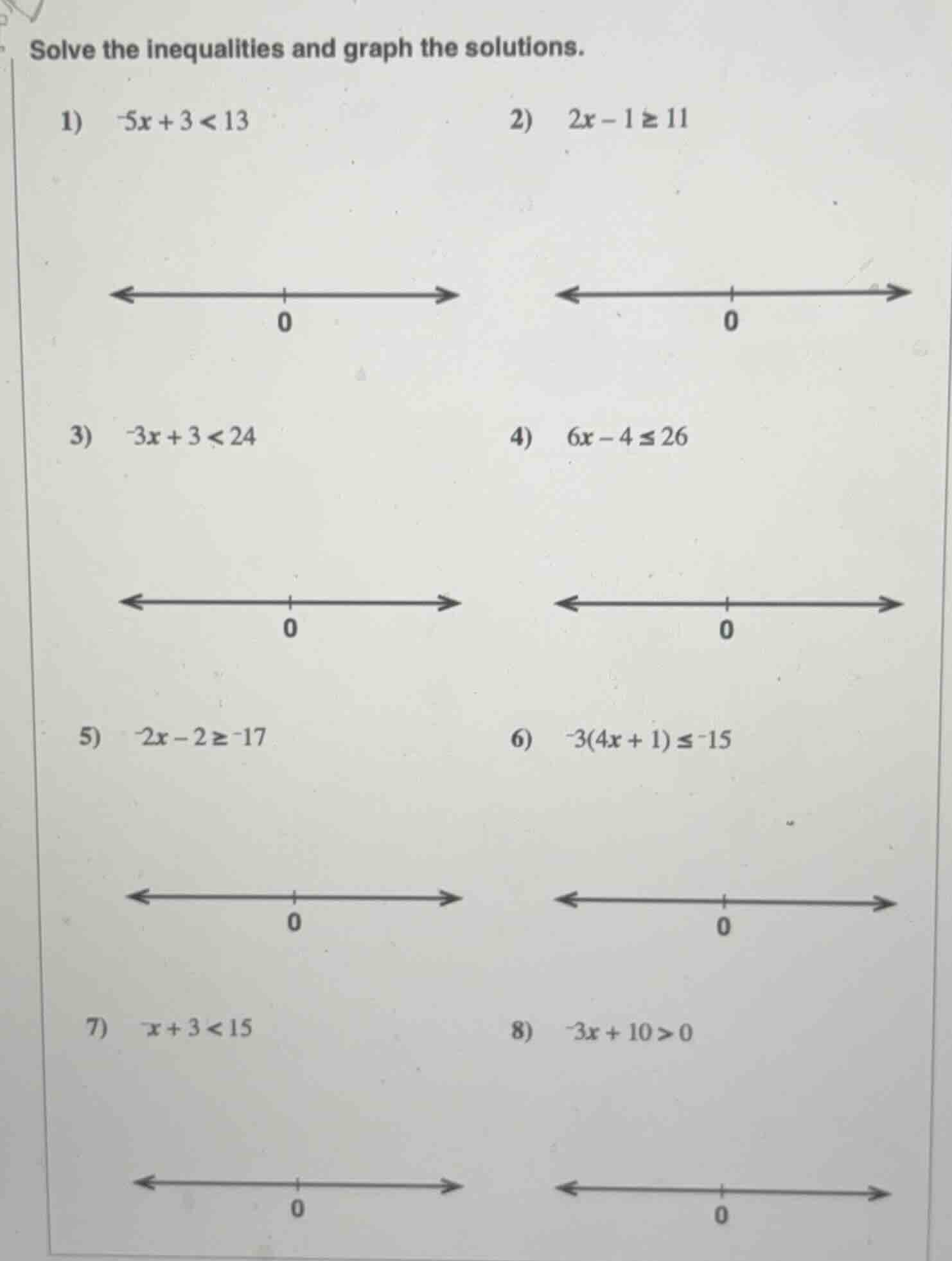 solve the inequalities and graph the solutions. 1) (-5x + 3 < 13) 2) (2…