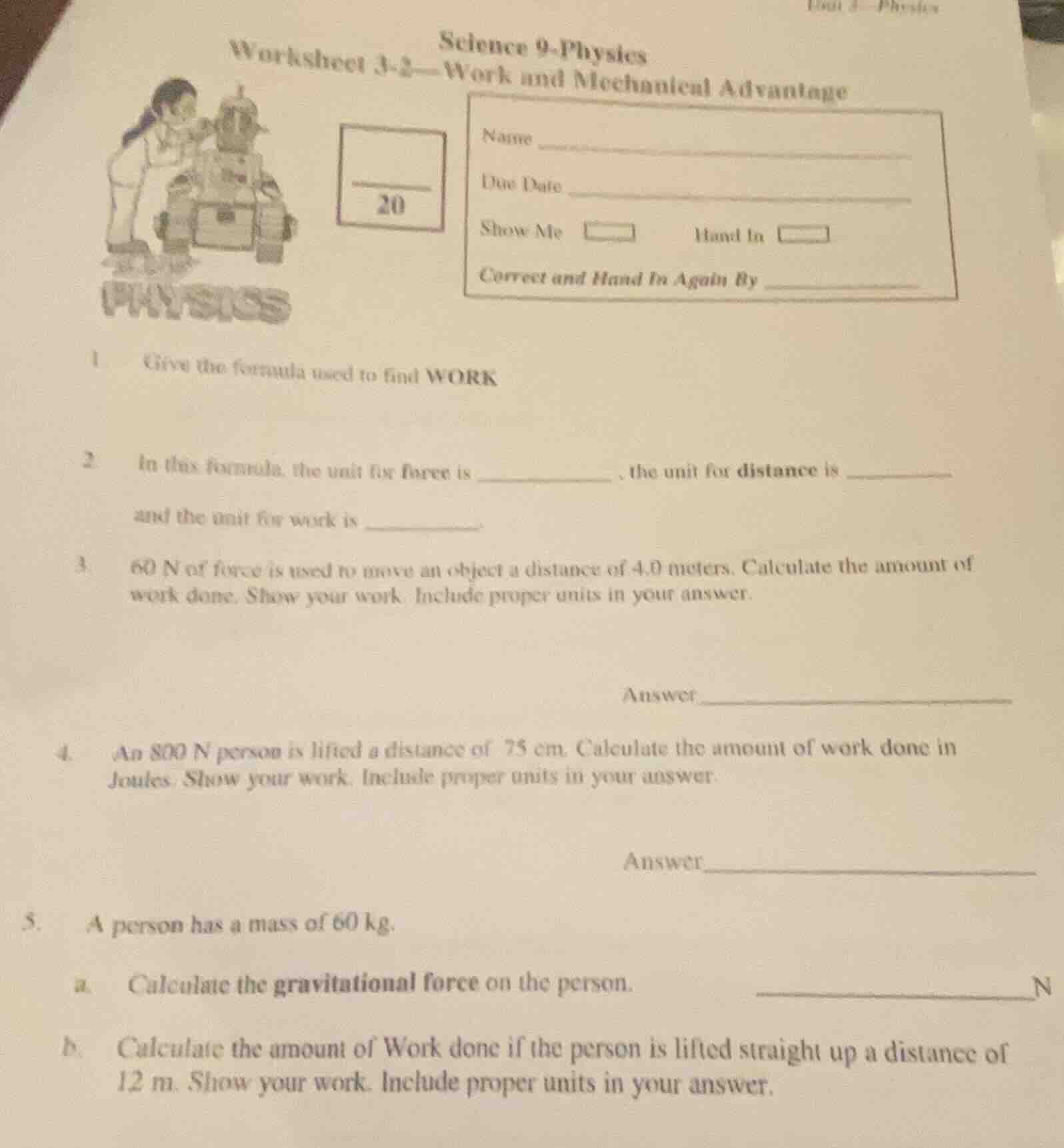science 9-physics worksheet 3-2—work and mechanical advantage name due …