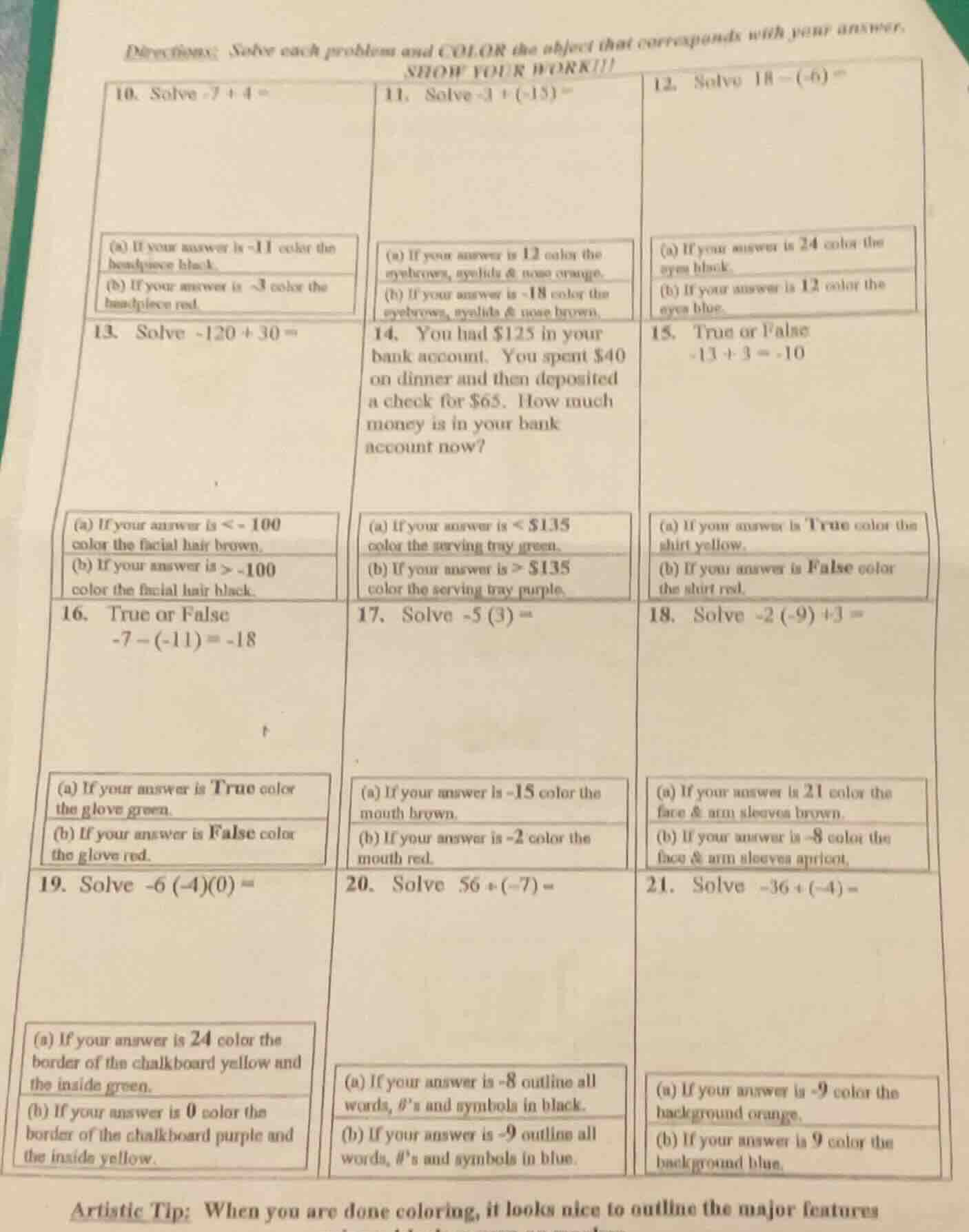 directions: solve each problem and color the object that corresponds wi…
