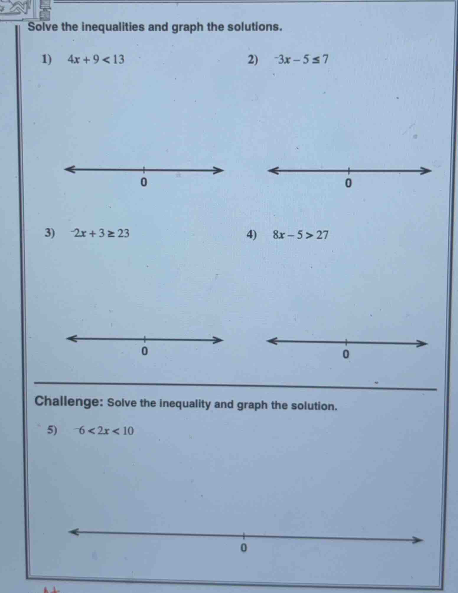 solve the inequalities and graph the solutions. 1) \\( 4x + 9 < 13 \\) …