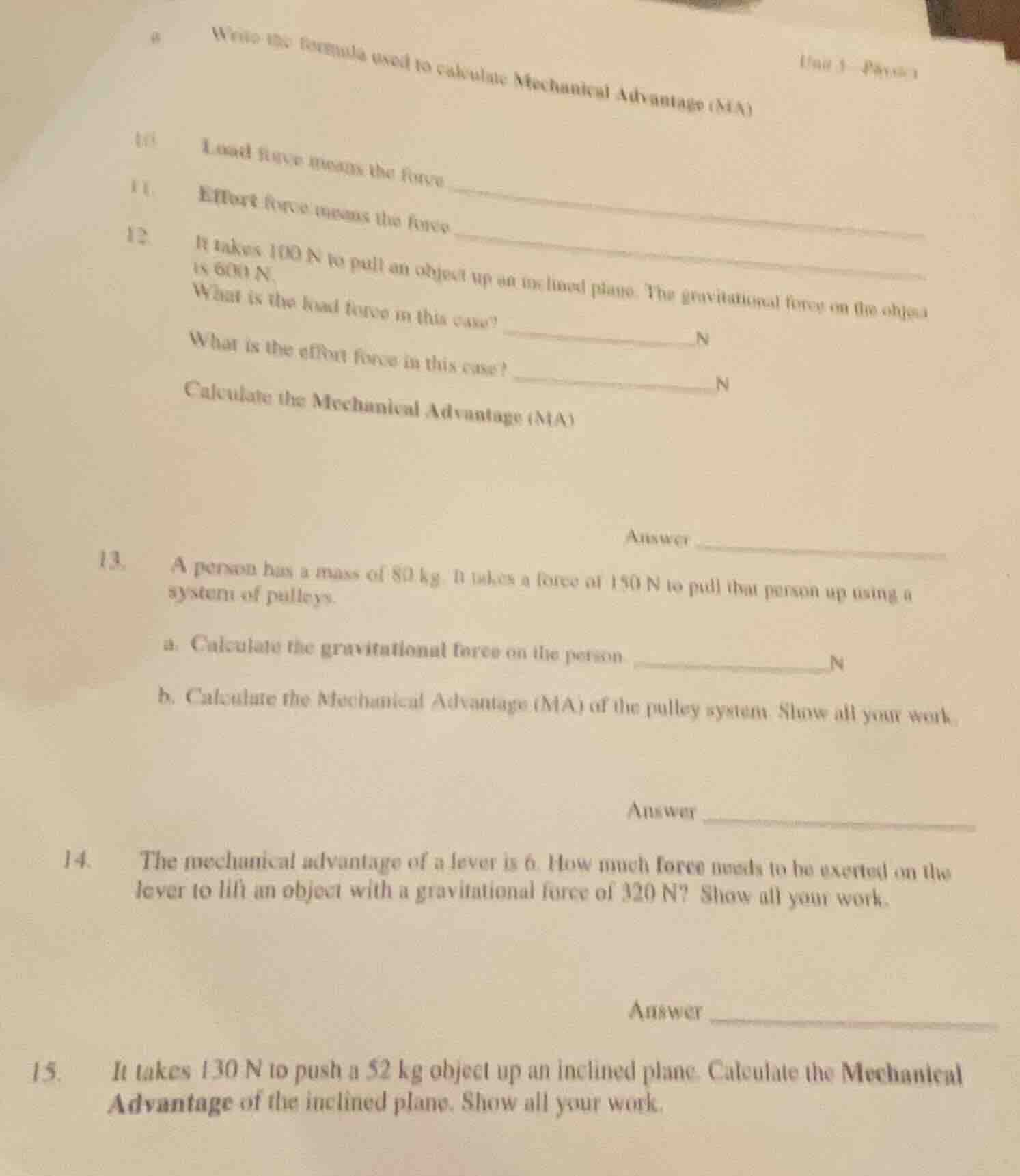 9 write the formula used to calculate mechanical advantage (ma) 10 load…