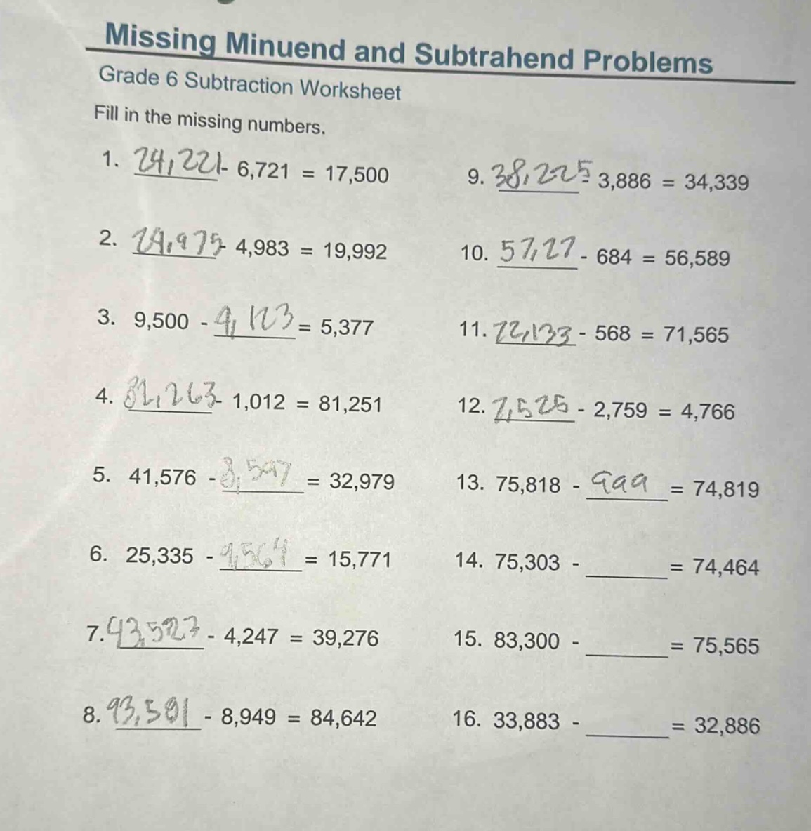missing minuend and subtrahend problems grade 6 subtraction worksheet f…