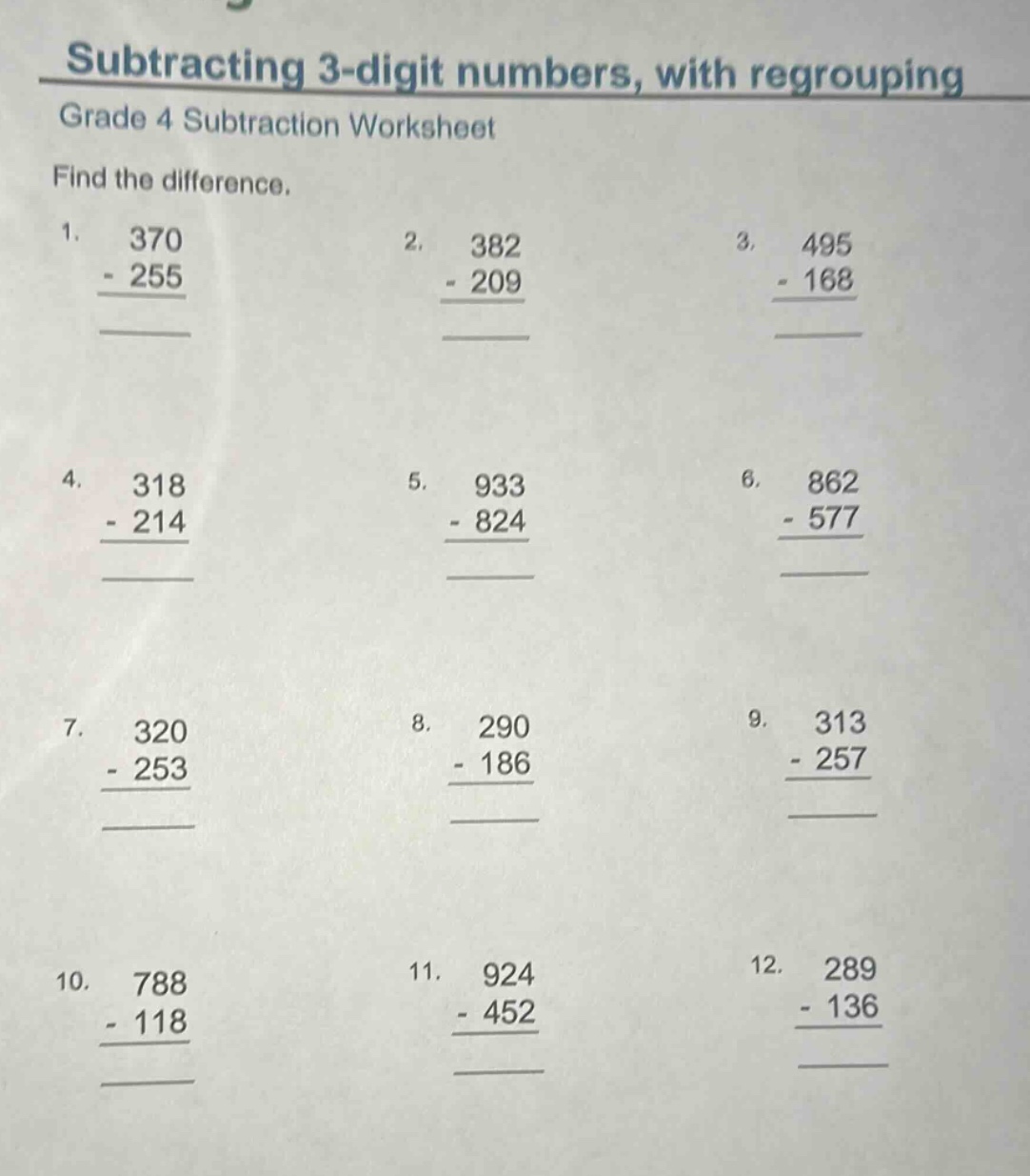 subtracting 3 - digit numbers, with regrouping grade 4 subtraction work…