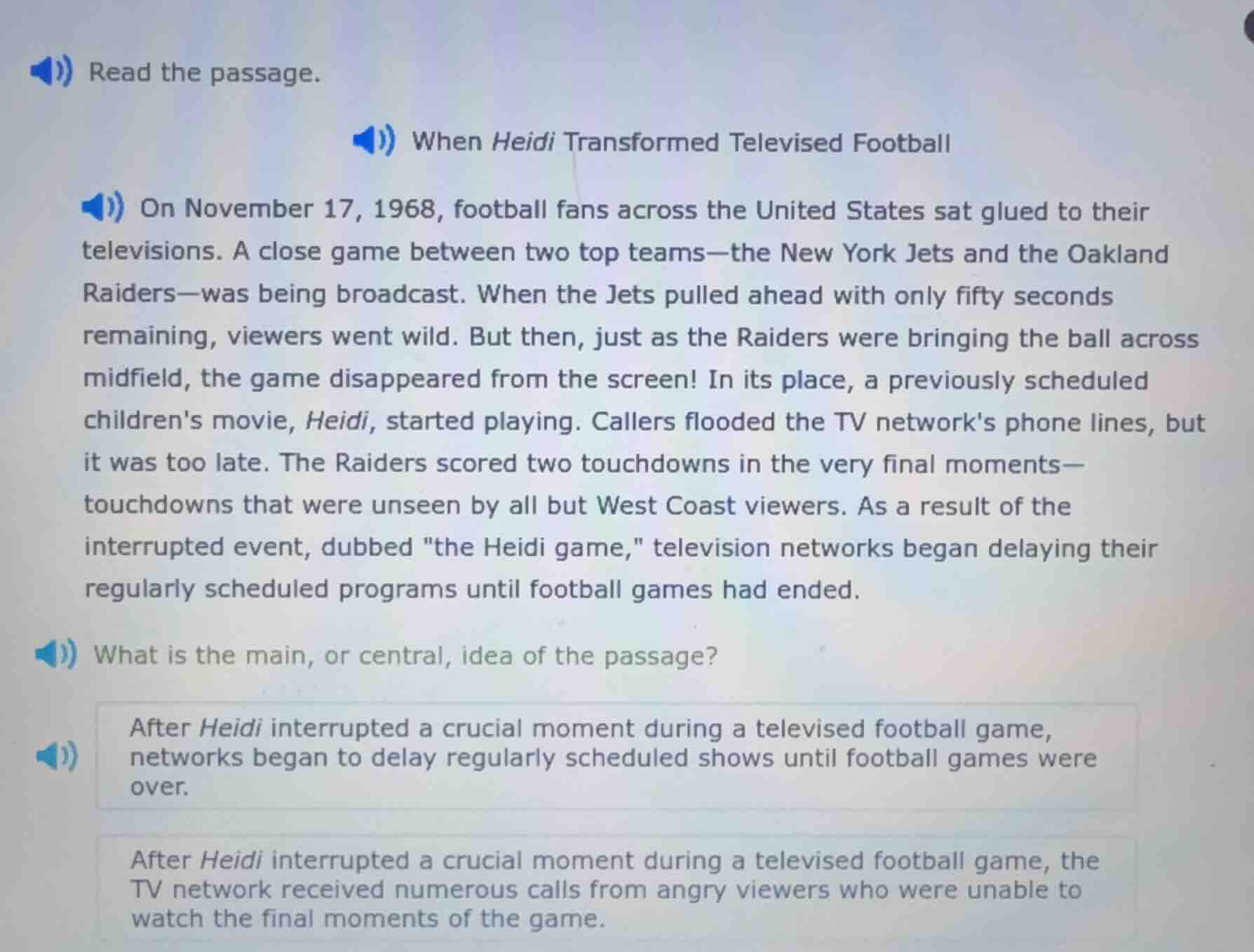 read the passage. when heidi transformed televised football on november…