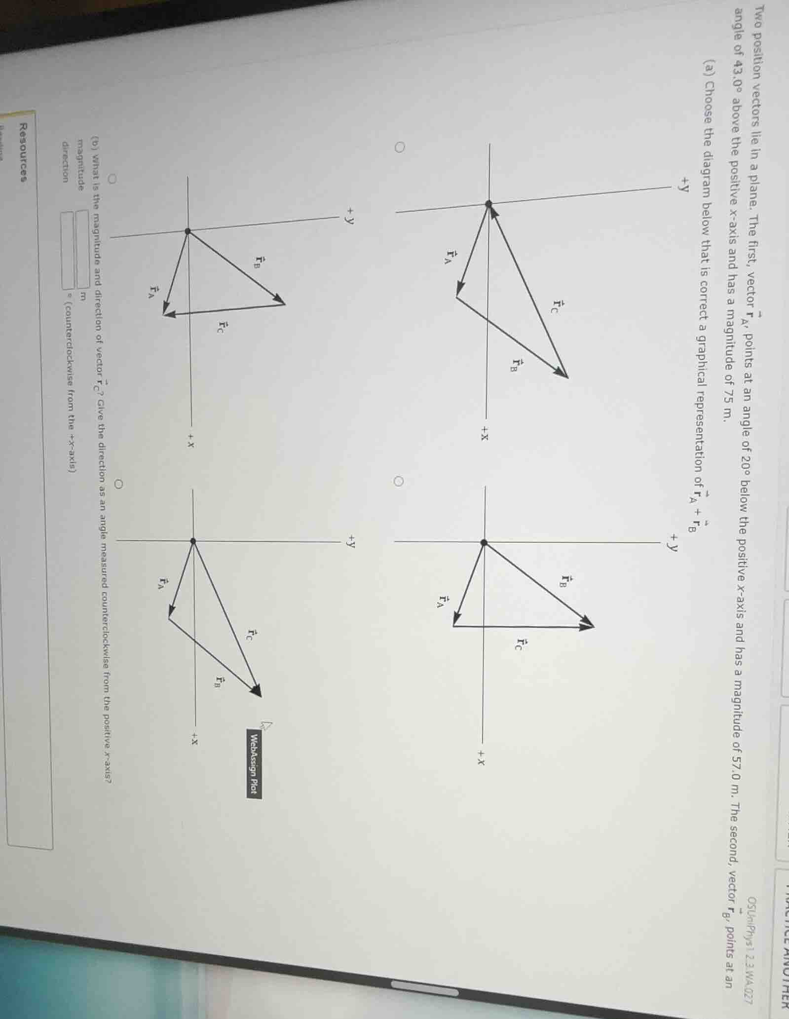 two position vectors lie in a plane. the first, vector \\(\\vec{r}_a\\)…