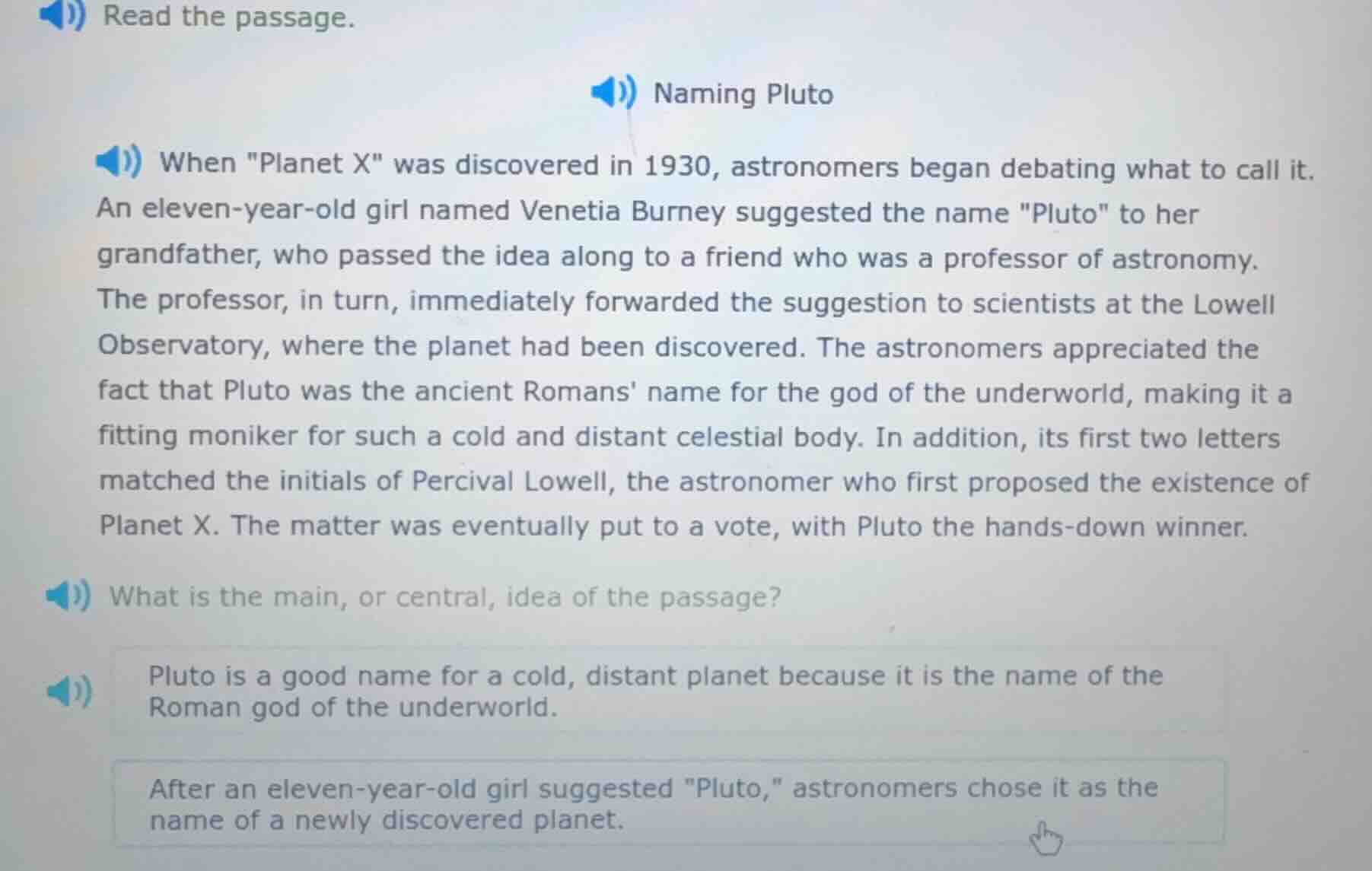 read the passage. naming pluto when \planet x\ was discovered in 1930, …