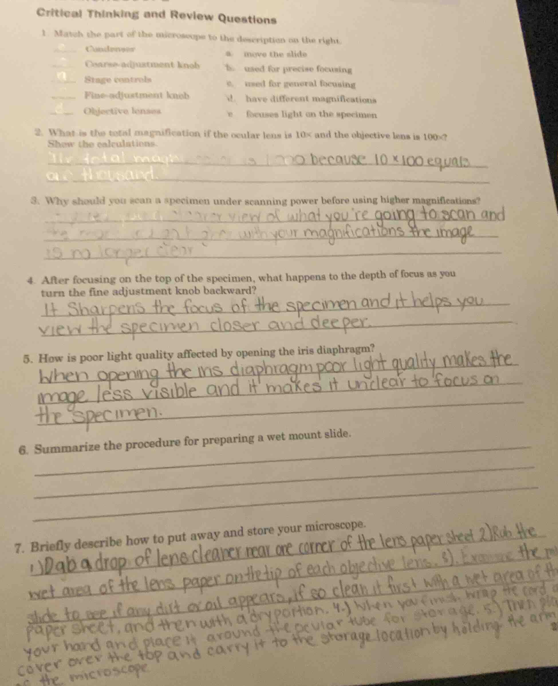 critical thinking and review questions 1. match the part of the microsc…