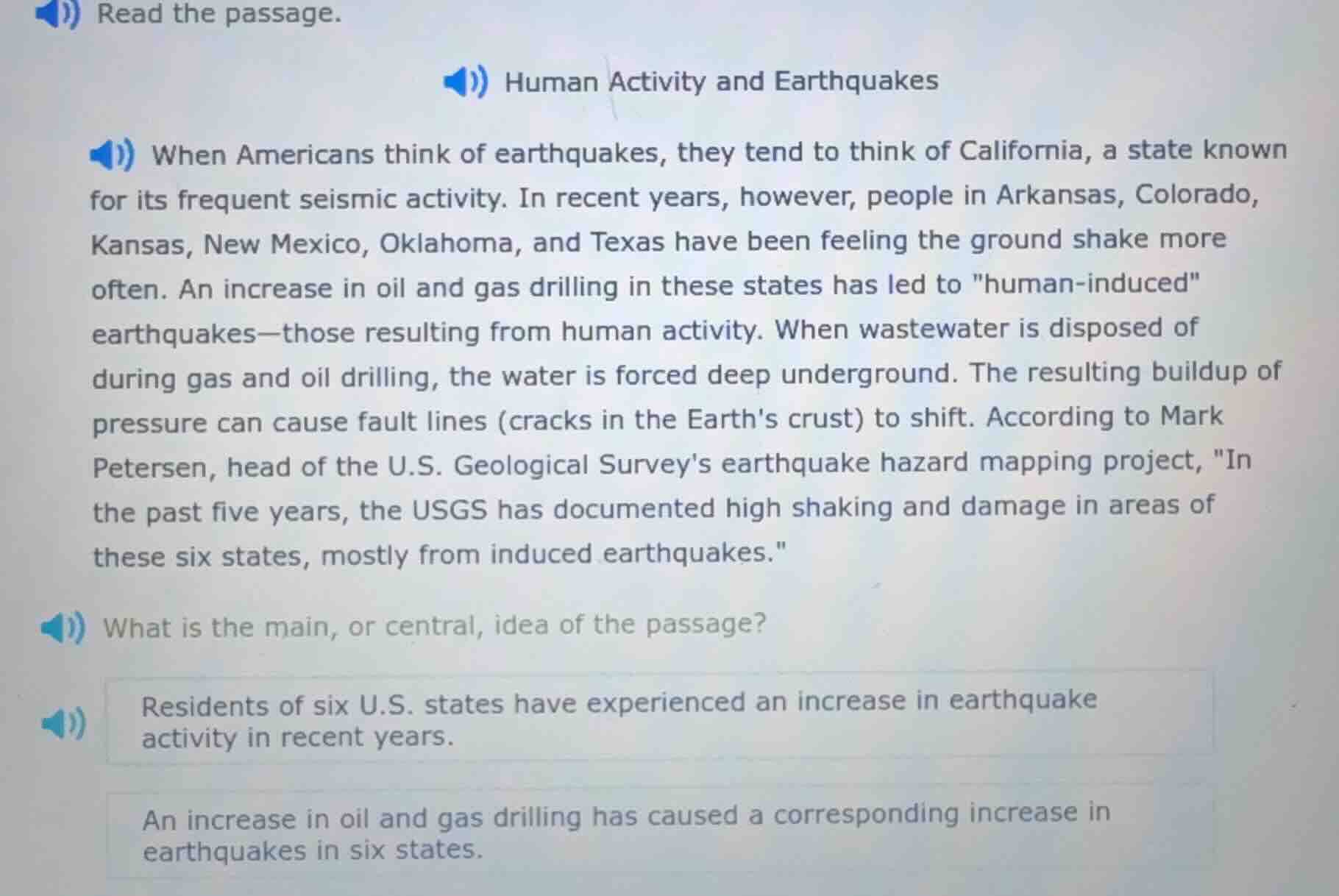 read the passage. human activity and earthquakes when americans think o…