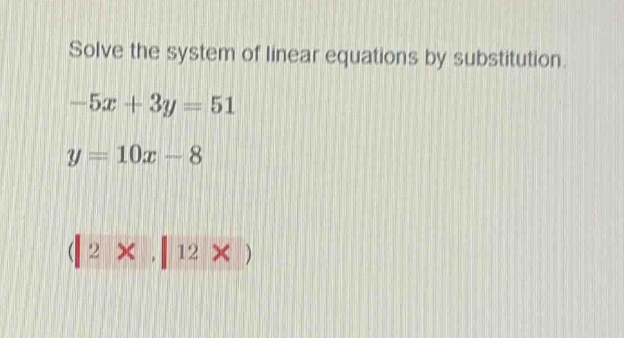 solve the system of linear equations by substitution.\\(-5x + 3y = 51\\…