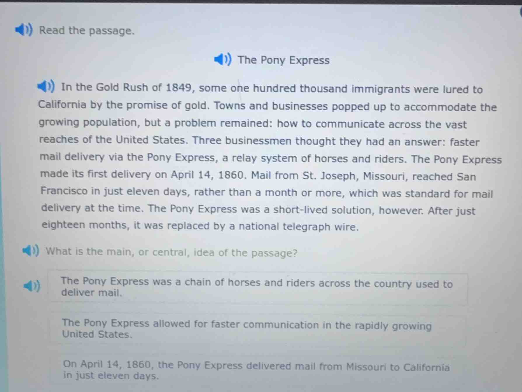 read the passage. the pony express in the gold rush of 1849, some one h…