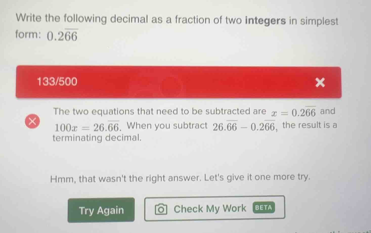 write the following decimal as a fraction of two integers in simplest f…