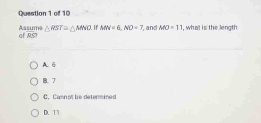 question 1 of 10 assume $\\triangle rst \\cong \\triangle mno$. if $mn …