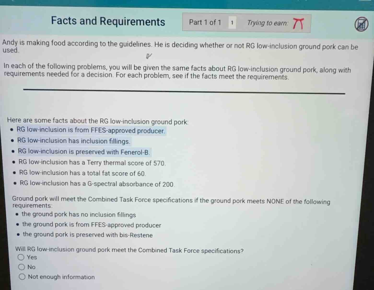 facts and requirements andy is making food according to the guidelines.…