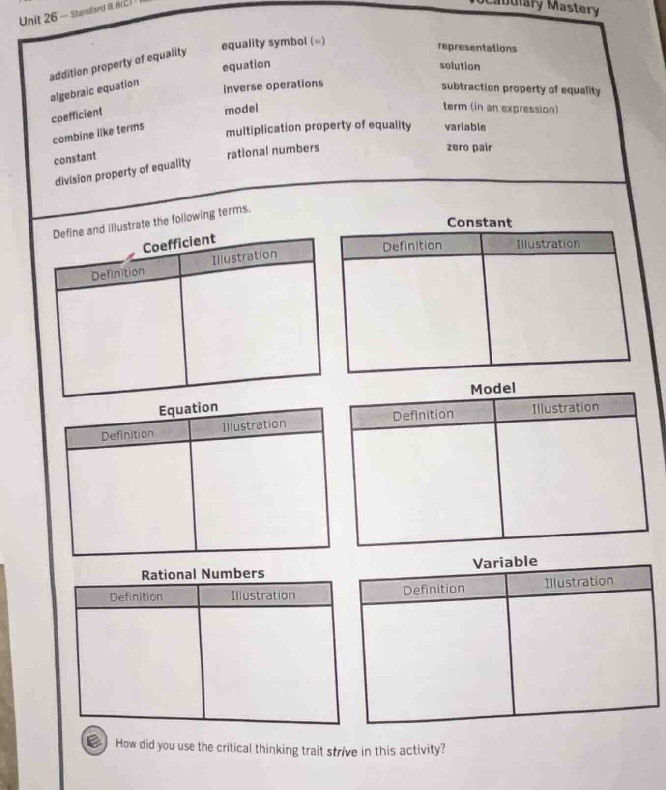unit 26 vocabulary mastery addition property of equality equality symbo…