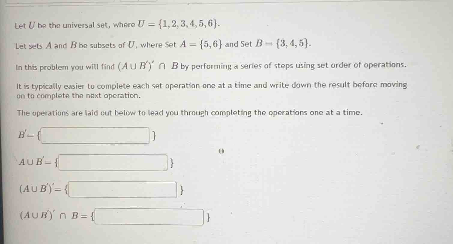 let u be the universal set, where u = {1,2,3,4,5,6}. let sets a and b b…