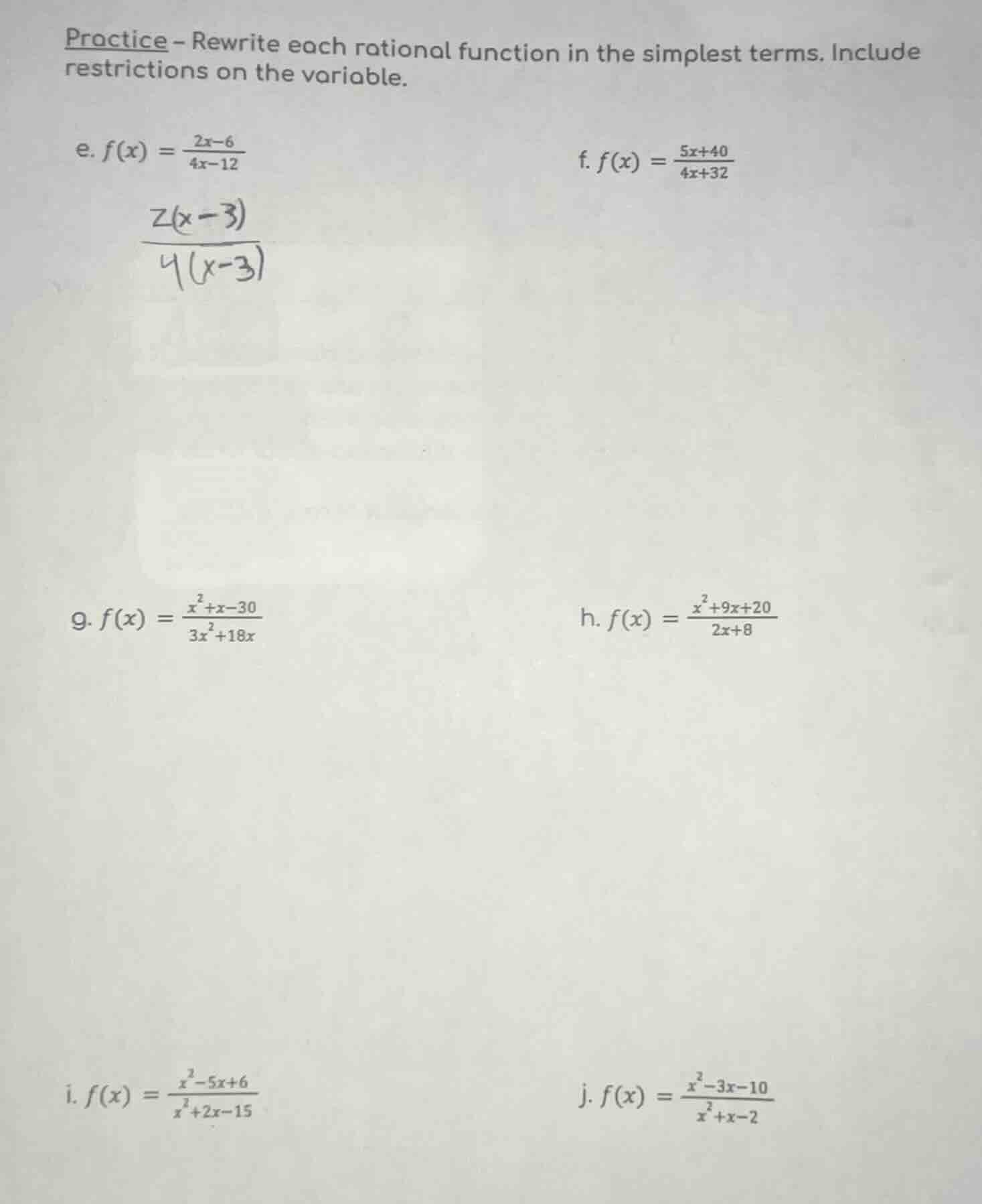 practice - rewrite each rational function in the simplest terms. includ…