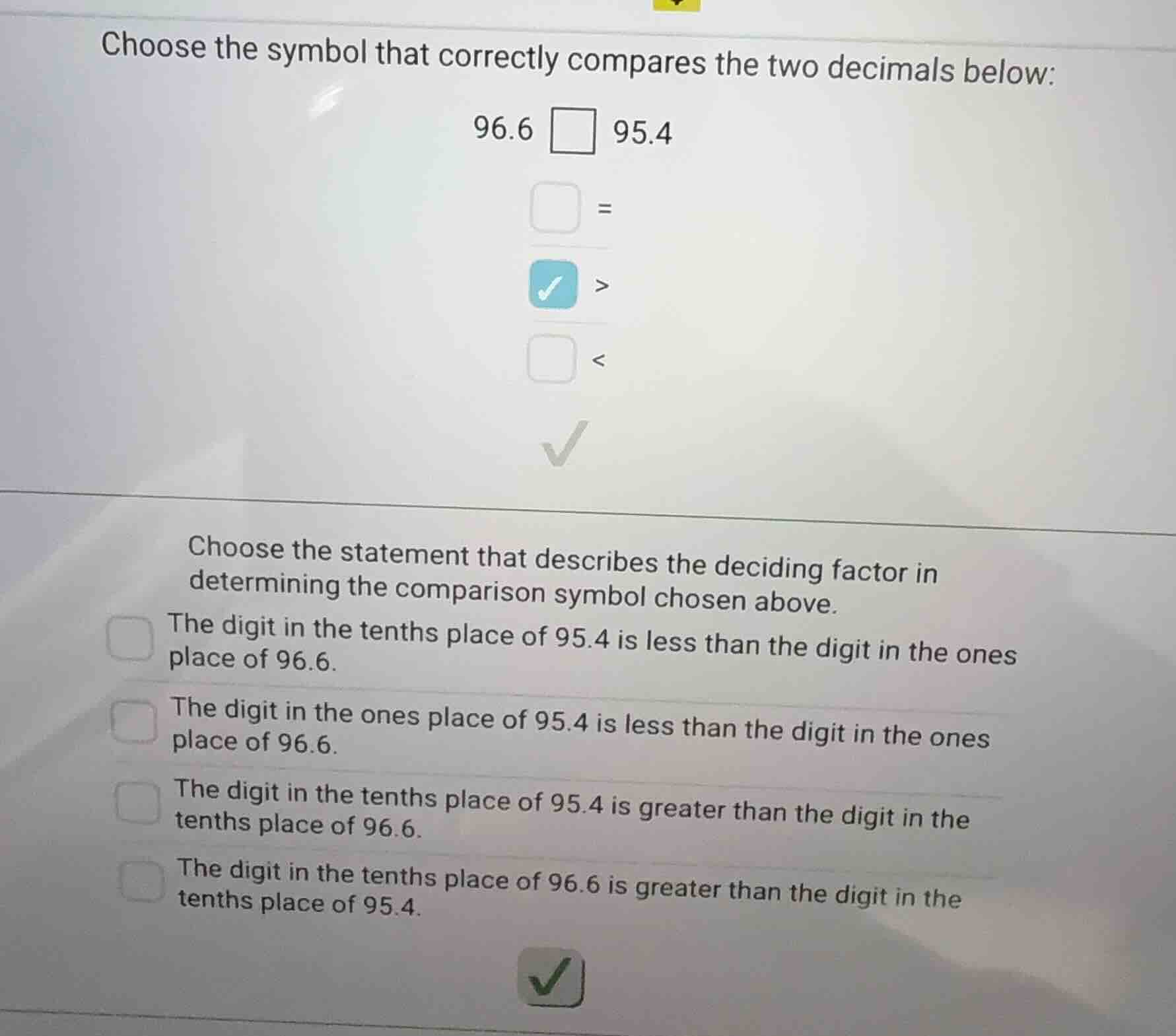 choose the symbol that correctly compares the two decimals below: 96.6 …