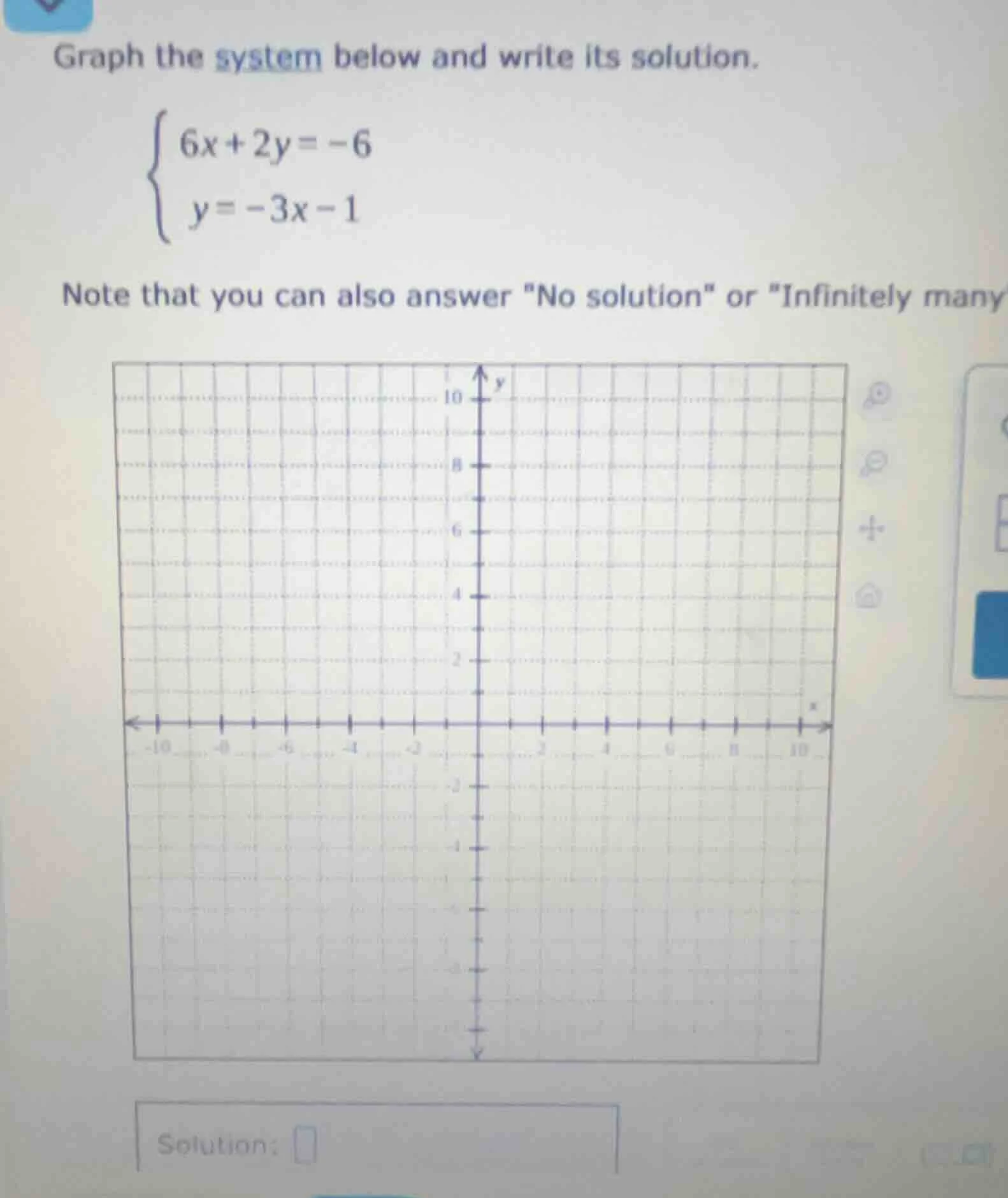 graph the system below and write its solution.\\begin{cases}6x + 2y = -…