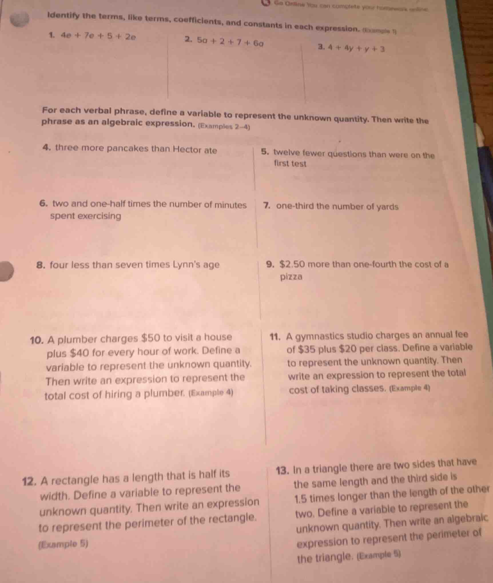identify the terms, like terms, coefficients, and constants in each exp…