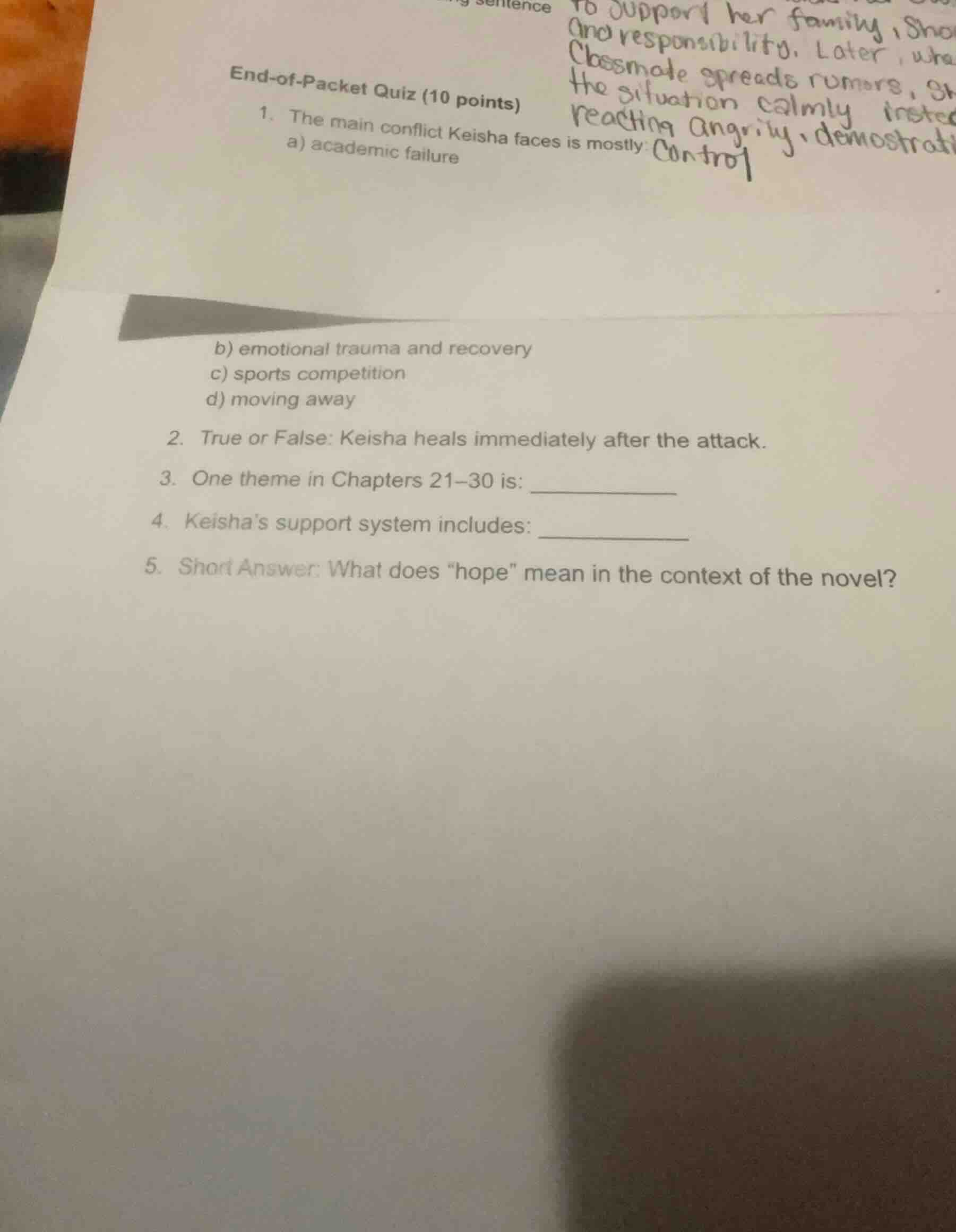 end-of-packet quiz (10 points) 1. the main conflict keisha faces is mos…