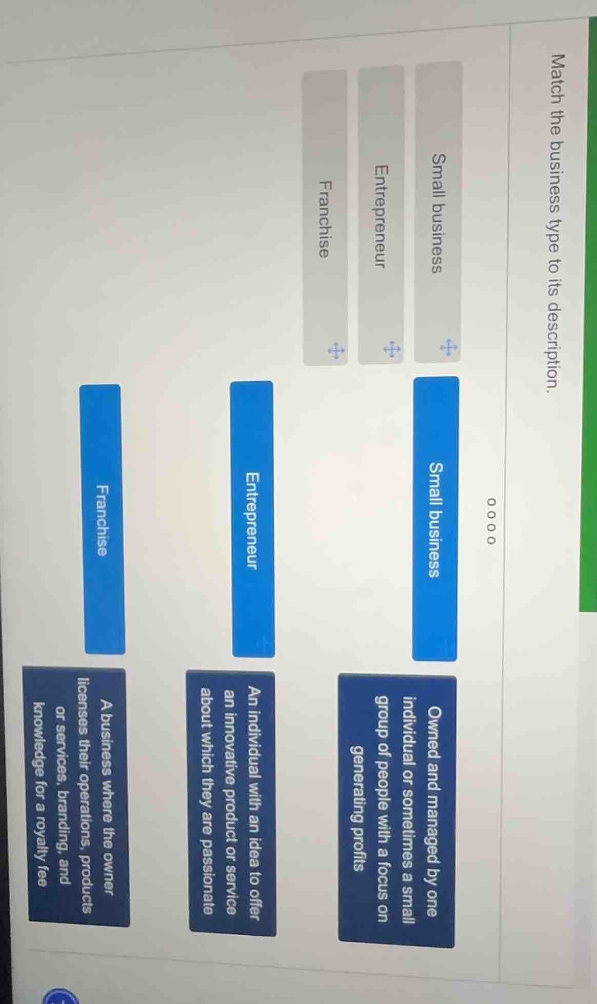 match the business type to its description. small business entrepreneur…