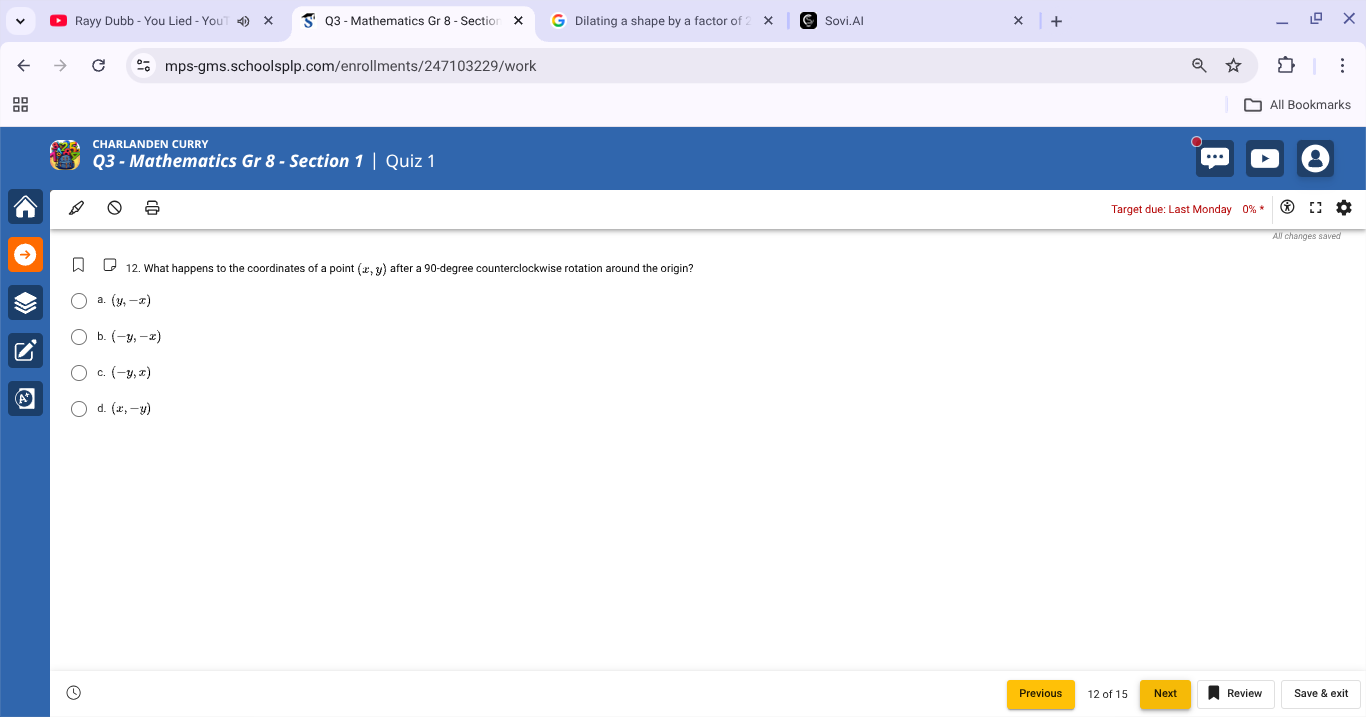 12. what happens to the coordinates of a point ((x, y)) after a 90-degr…