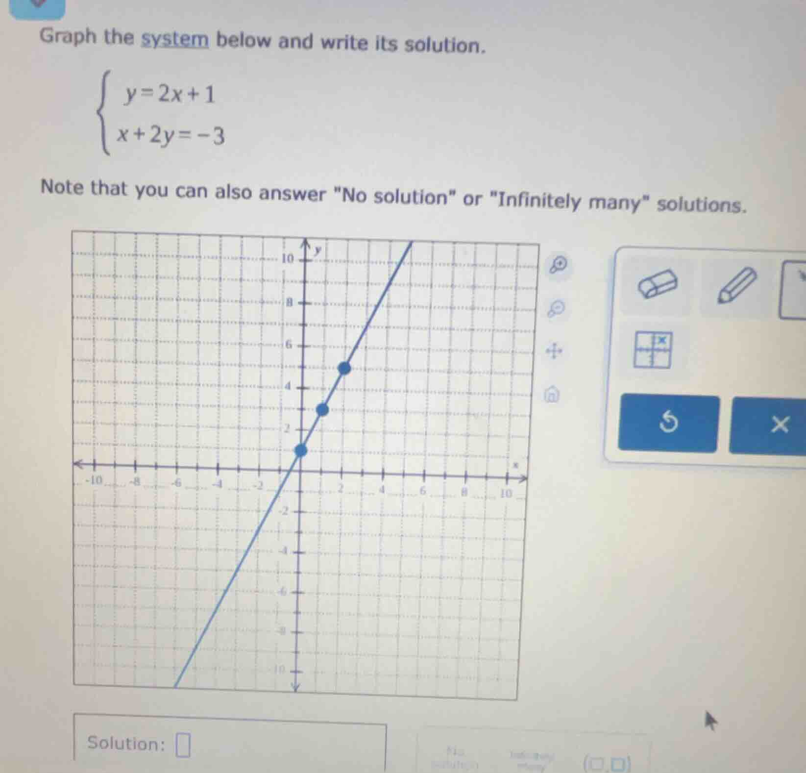 graph the system below and write its solution.\\begin{cases} y = 2x + 1…